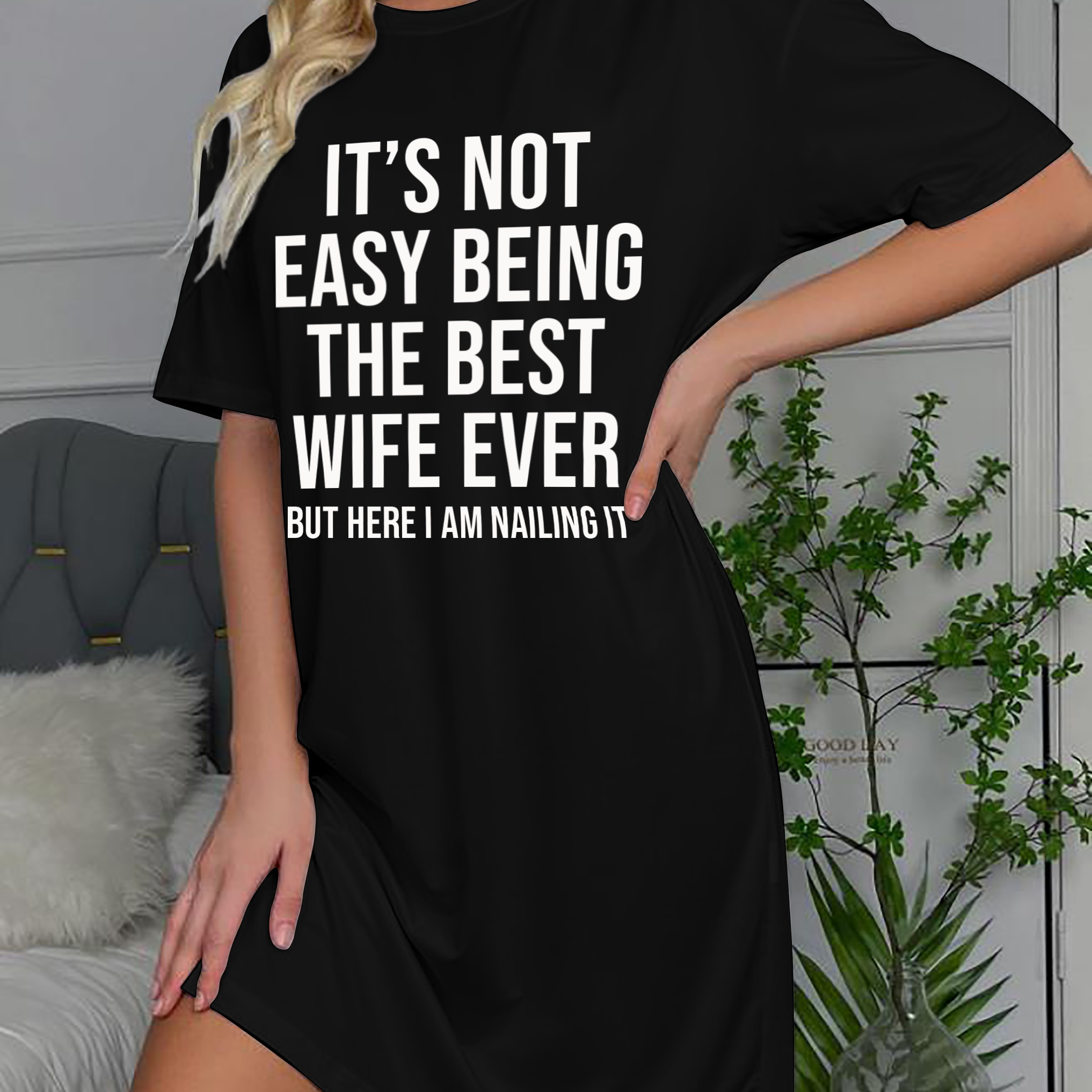 

Women's Slogan Sleepwear Dress, Short Sleeve Round Neck Tee Dress, Comfortable Nightgown