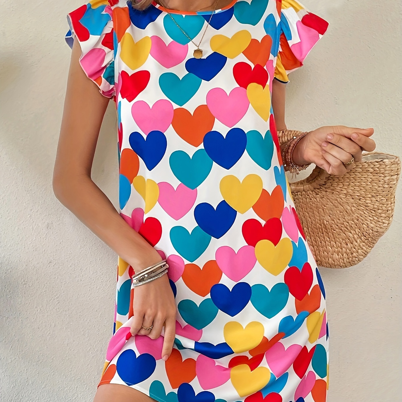 

1pc Summer Fashion Heart Print Dress For Women, Polyester A-line Swing Dress With Crew Neck And Short Ruffle Sleeves, Woven Casual Midi Dress For Adults