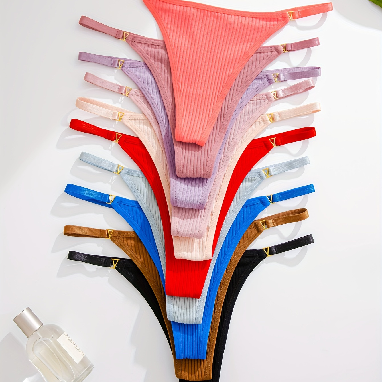 

10 Pcs Sexy Solid Ribbed Thongs, Metal Decor Low Waist V-strings, Women's Lingerie & Underwear