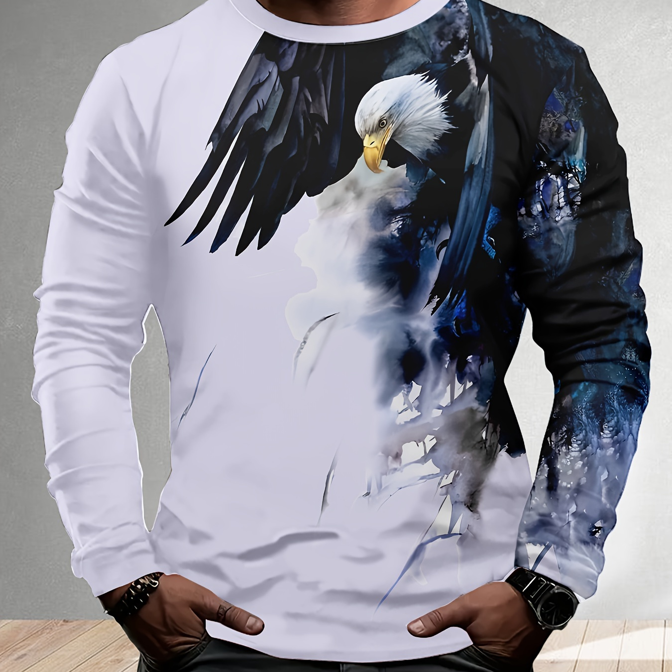 

Men's Flying Hawk Pattern Print Stretch Crew Neck Long Sleeve, Casual Pullover For And Outdoor Activities