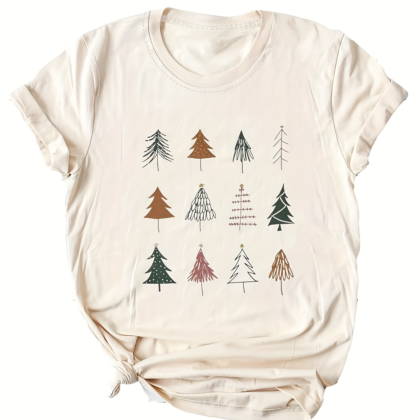 

Christmas Tree Print Tee, Casual Short Sleeve Crew Neck T-shirt, Women's Clothing