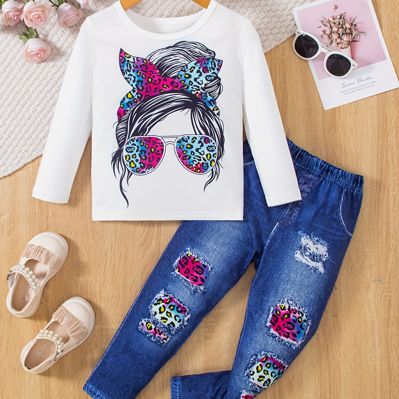 

Toddler Girls 2pcs Cartoon Girl Graphic Long Sleeve T-shirt Top + Imitation Denim Print Pants For Spring Fall Gift Party