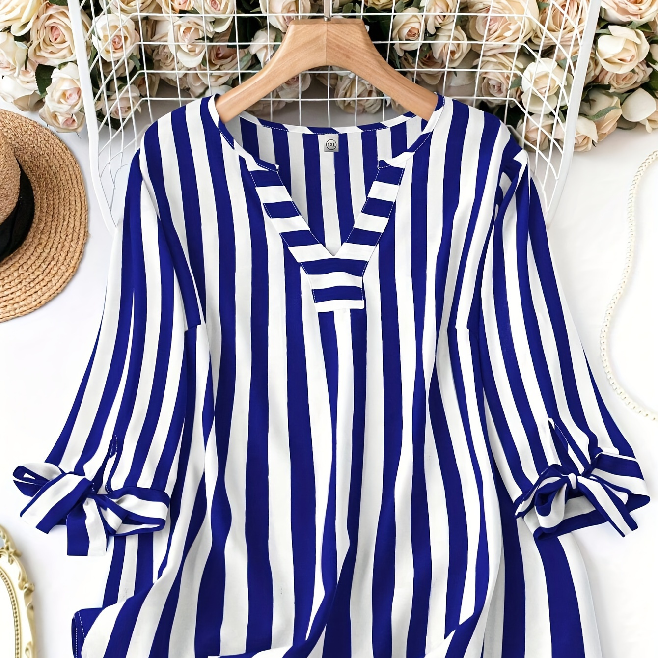 

Plus Size Striped Print Blouse, Elegant Notched Neck Tie Cuff Top For Spring, Women's Plus Size Clothing