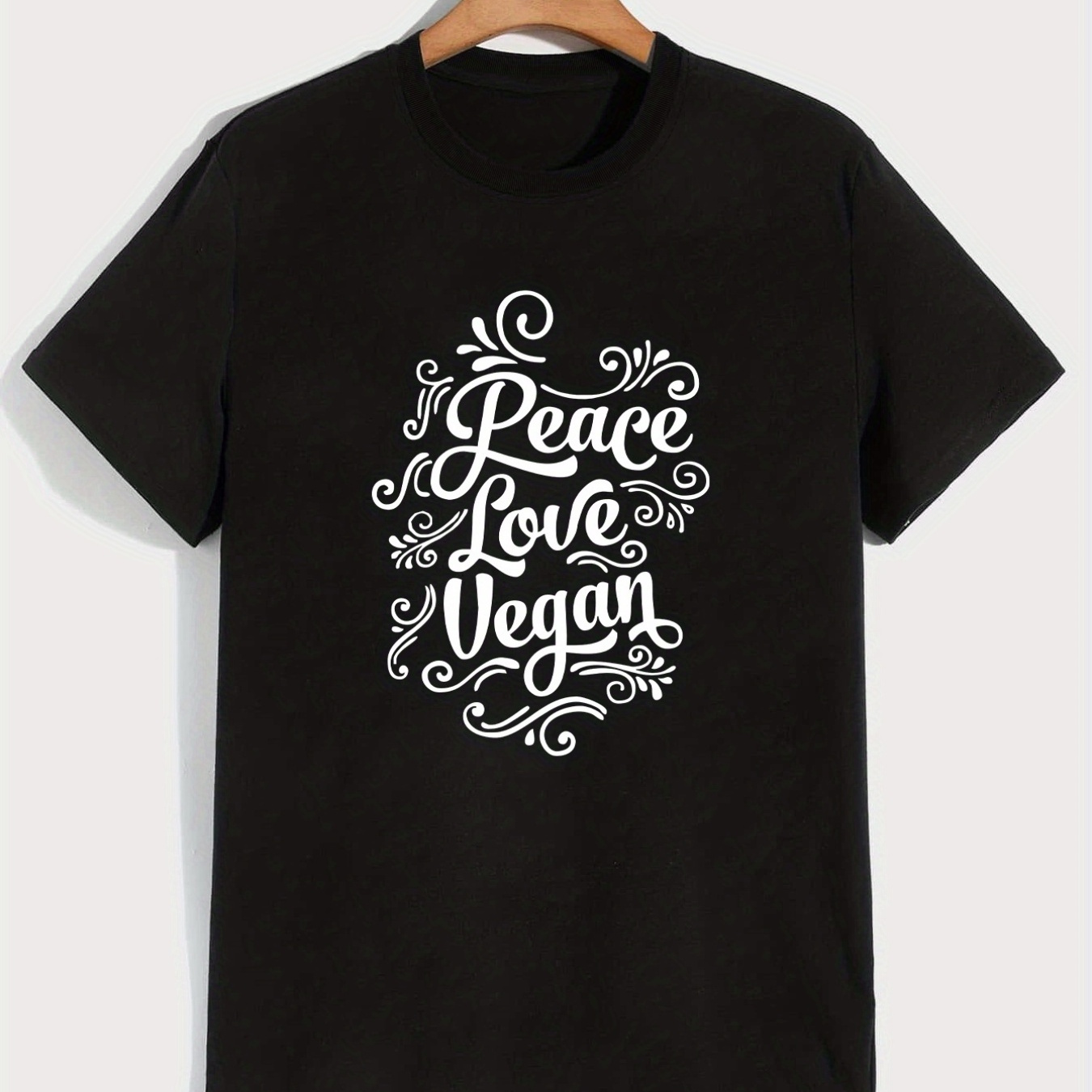 

peace Love Vegan" Print Men's T-shirt, Crew Neck Short Sleeve Tops, Graphic Tee Men's Summer Clothes, Men's Outfits