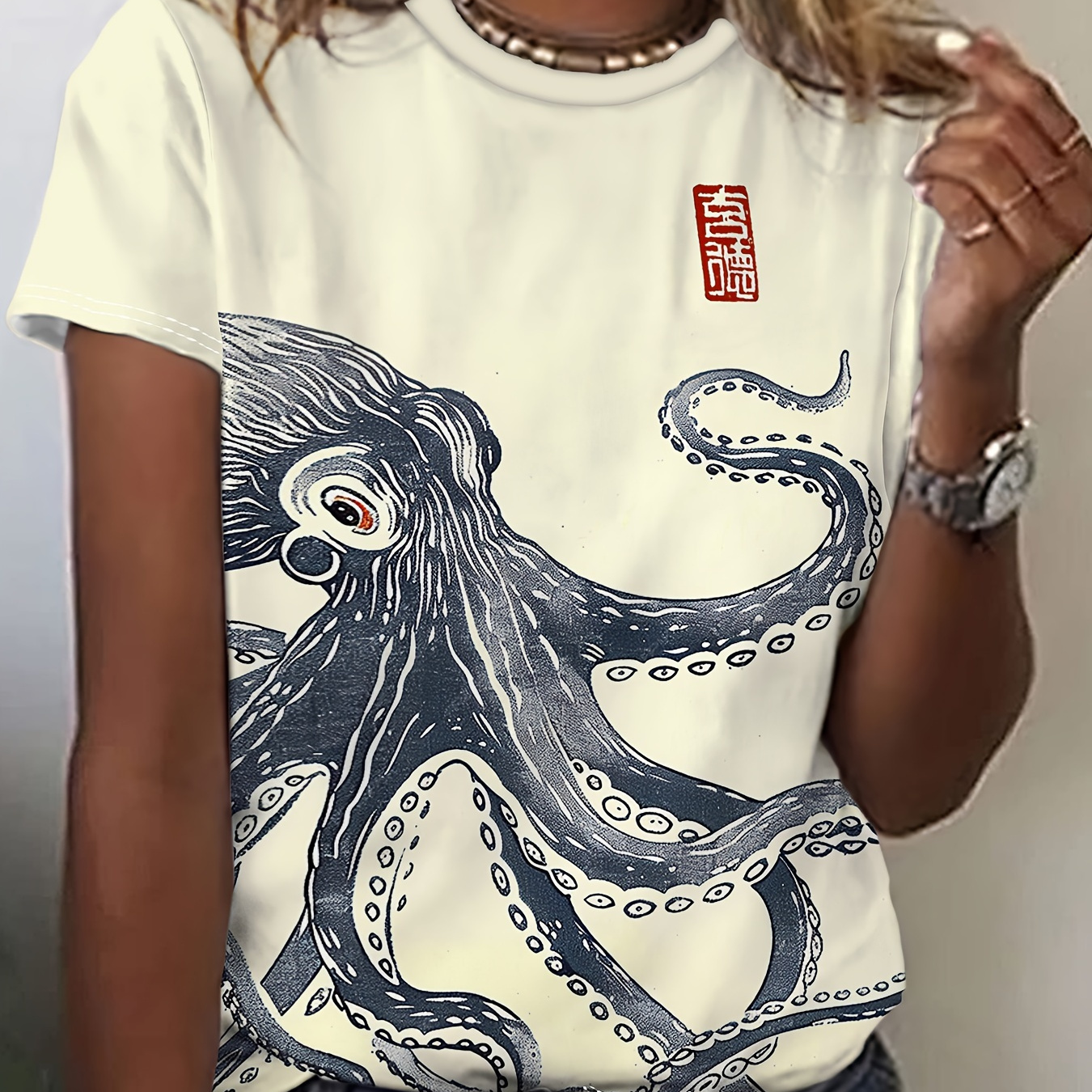 

Octopus Neck T-shirt, Short Sleeve Casual Top For Summer & Spring, Women's Clothing