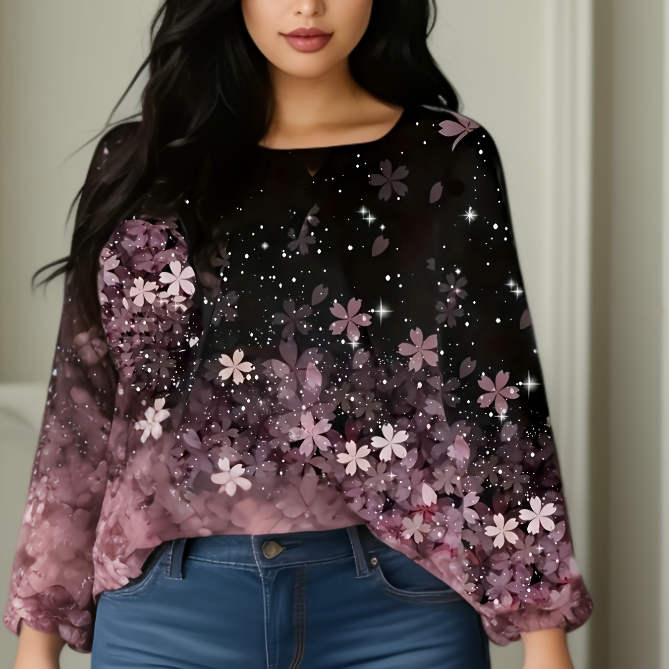 

Plus Size Floral Print Crew Neck Blouse, Casual Long Sleeve Blouse For Spring & Fall, Women's Plus Size Clothing