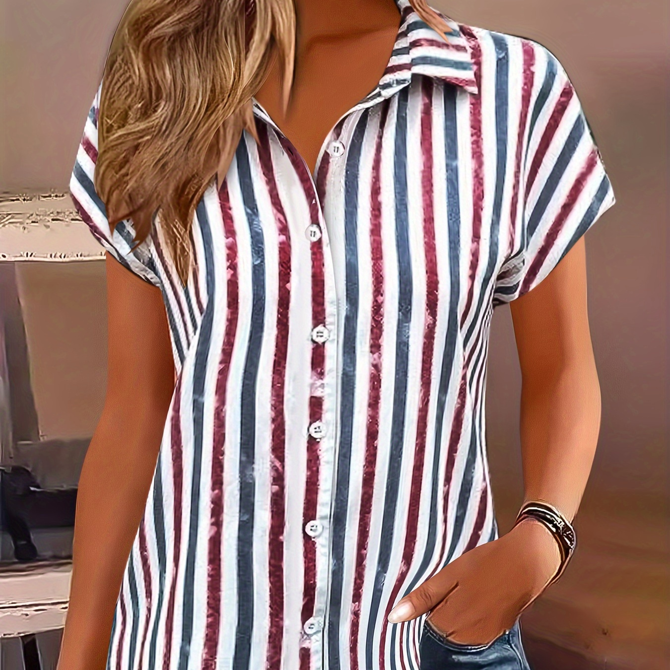 

Women's Elegant Striped Batwing Sleeve Shirt, Polyester 100%, Summer Short Sleeve With Lapel Collar, Regular Fit, Single Breasted , Woven Fabric, 104 Gsm - Mature Occasion