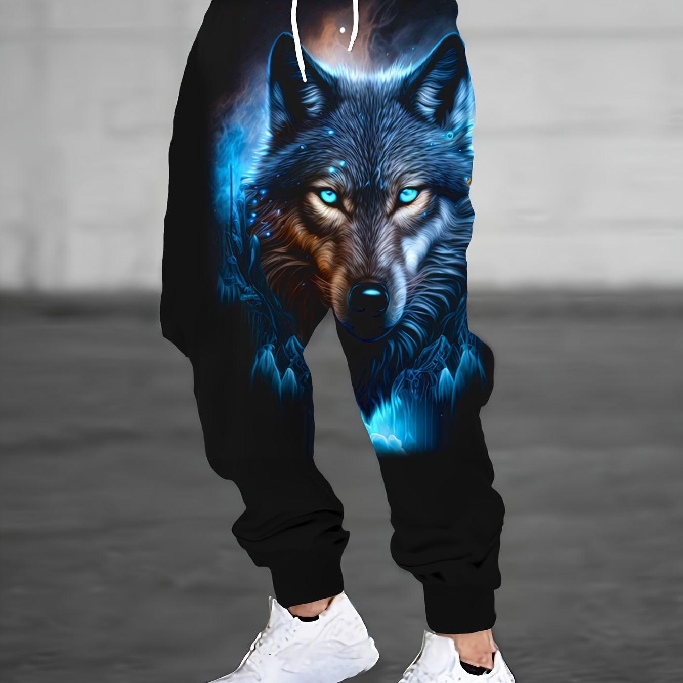 

Men's Casual Wolf Print Loose-fit Jogger Pants With Pockets, 100% Polyester Knit Fabric, All-season Slight Stretch Trousers