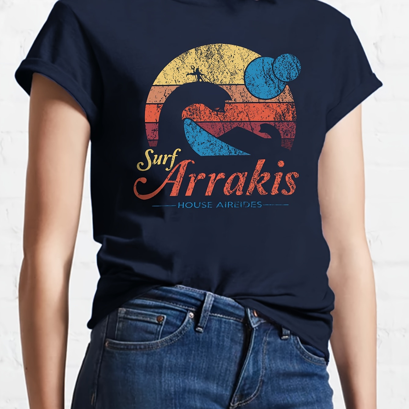 

Surf Arrakis Print Crew Neck T-shirt, Short Sleeve Casual Top For Summer & Spring, Women's Clothing