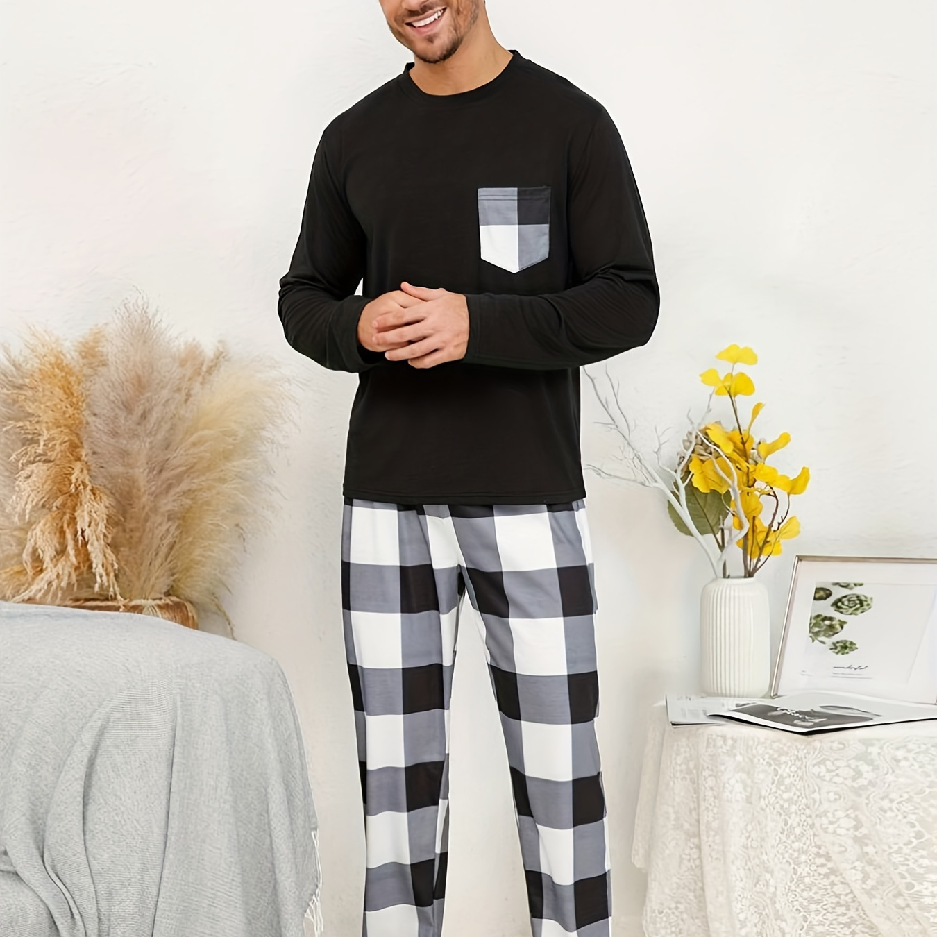 

2 Pcs Men's Simple Plaid Pocket Round Neck Long Sleeve & Plaid Trousers Pajama Set, Comfortable & Skin-friendly Style Pajamas For Men's Cozy Loungewear