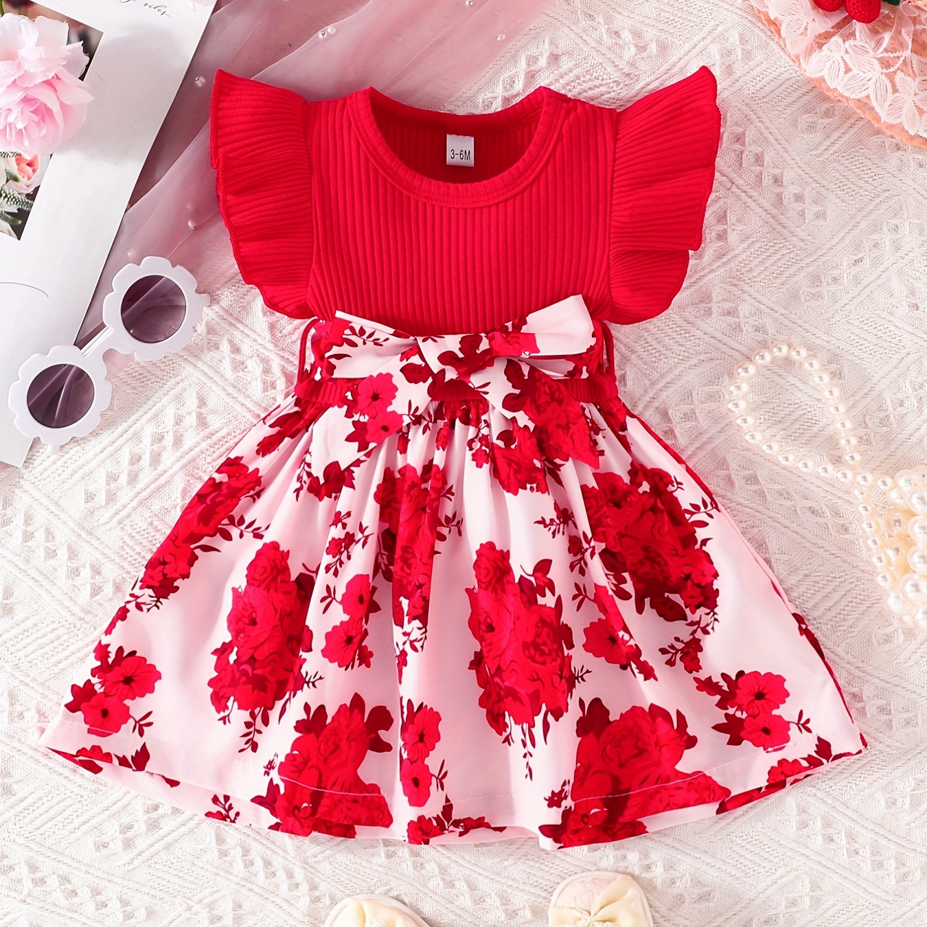 Baby Floral Patchwork Bowknot Decor Ruffled Sleeve Dress - Temu