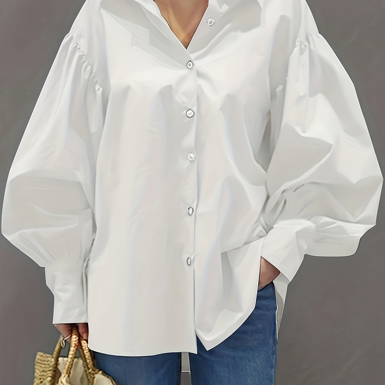 

Button Front Shirt, Elegant Lantern Sleeve Lapel Shirt For Spring & Fall, Women's Clothing