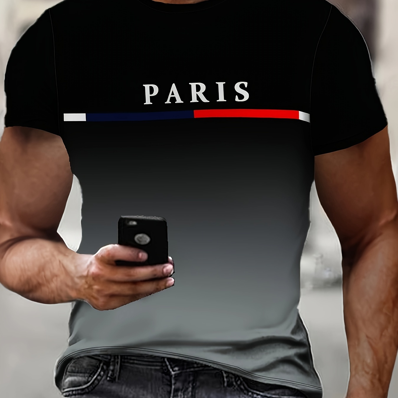 

Men's Gradient Color Paris T-shirt, Short Sleeve Crew Neck Tee, Men's Clothing For Summer Outdoor