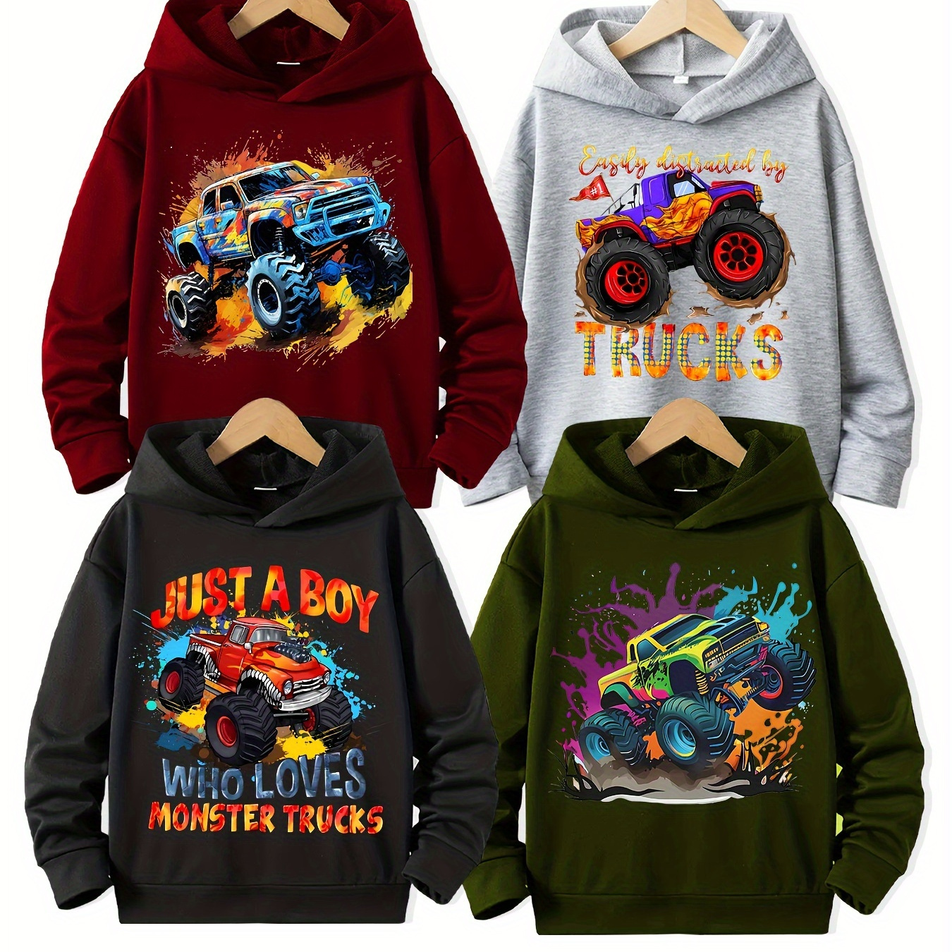 

4pcs Trucks Print Hoodie, Cool Long Sleeve Hoodies For Boys, Boys Casual Creative Graphic Design Pullover, Crew Collar Hooded Sweatshirt, For Fall And Winter