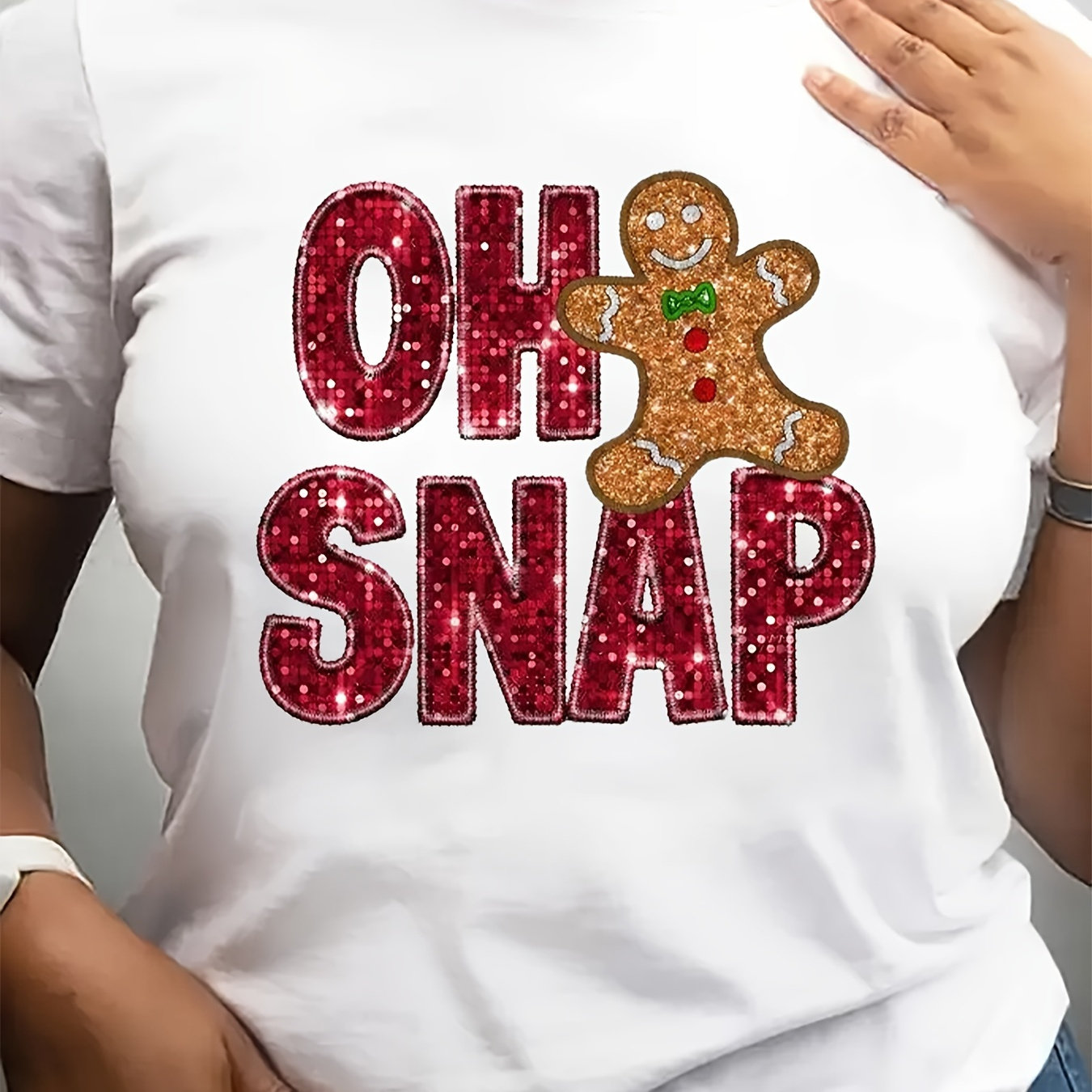 

Plus-size Gingerbread Man Print T-shirt For Women - Geometric Pattern, Knit Fabric, Round Neck, Casual , Polyester, Comfort