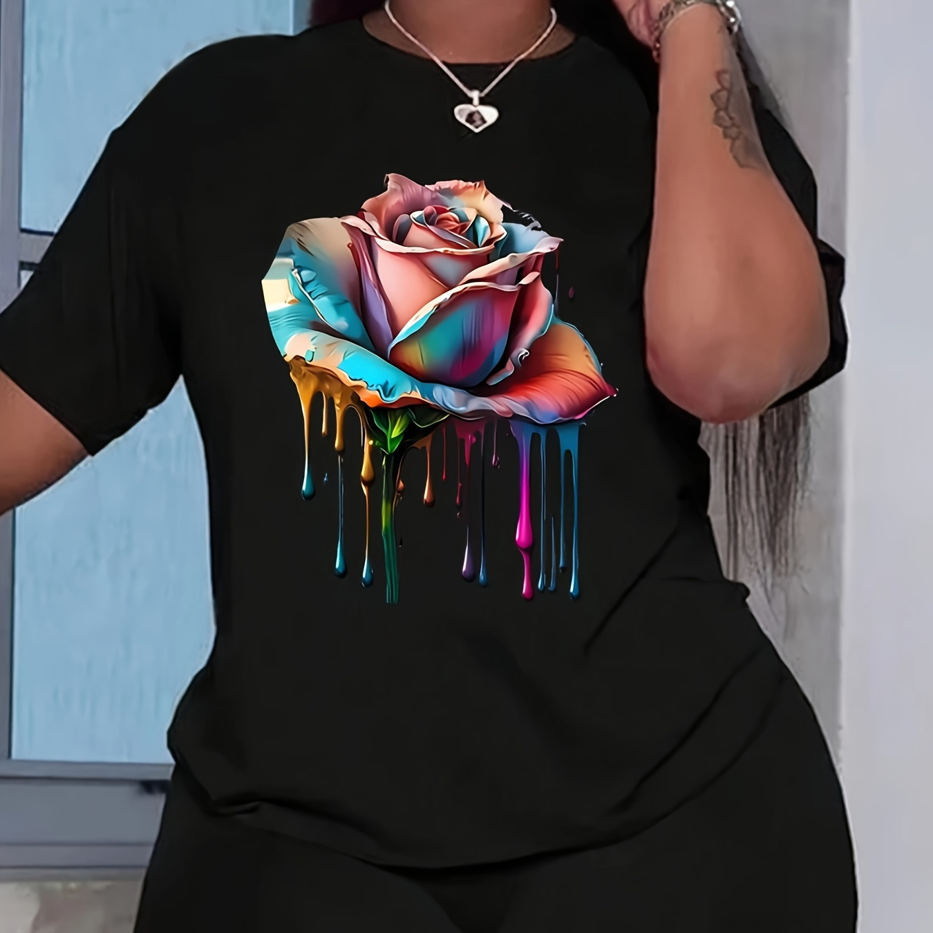 

Rose Print T-shirt, Short Sleeve Crew Neck Casual Top For Summer & Spring, Women's Clothing