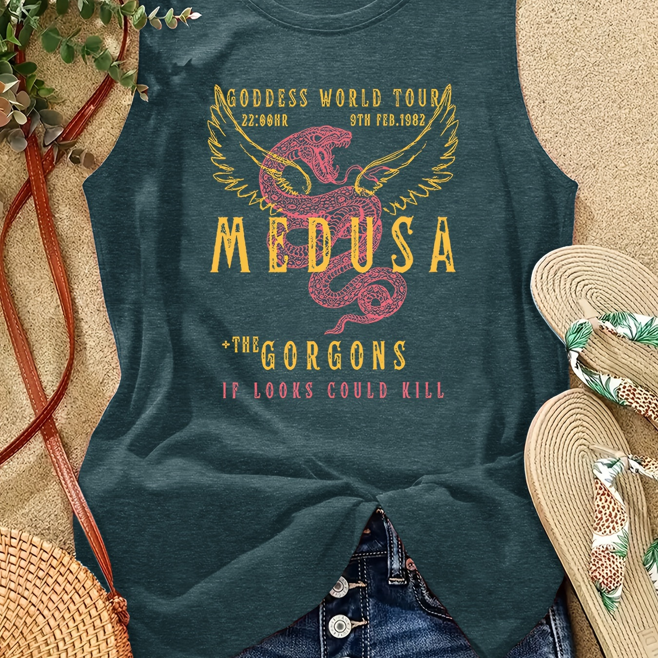 

1pc Women's Medusa Graphic Top - Casual Crew Neck Vest With Animal & Alphabet Print, Polyester 60/spandex 5/rayon 35 , Slight Stretch, Regular Fit, Knit Pullovers