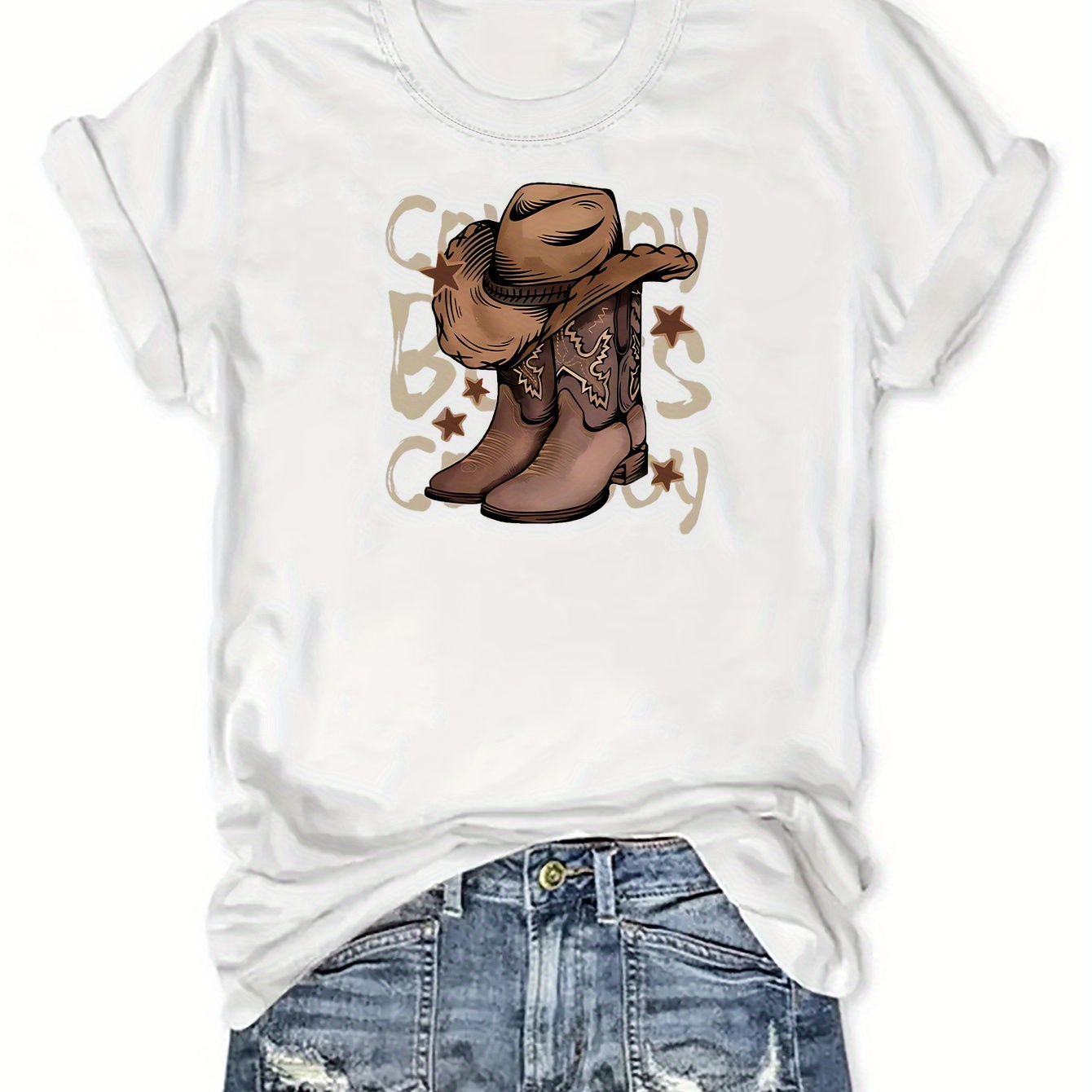 

Plus Size Cowboy Boots Print T-shirt, Casual Short Sleeve Crew Neck Top For Spring & Summer, Women's Plus Size Clothing