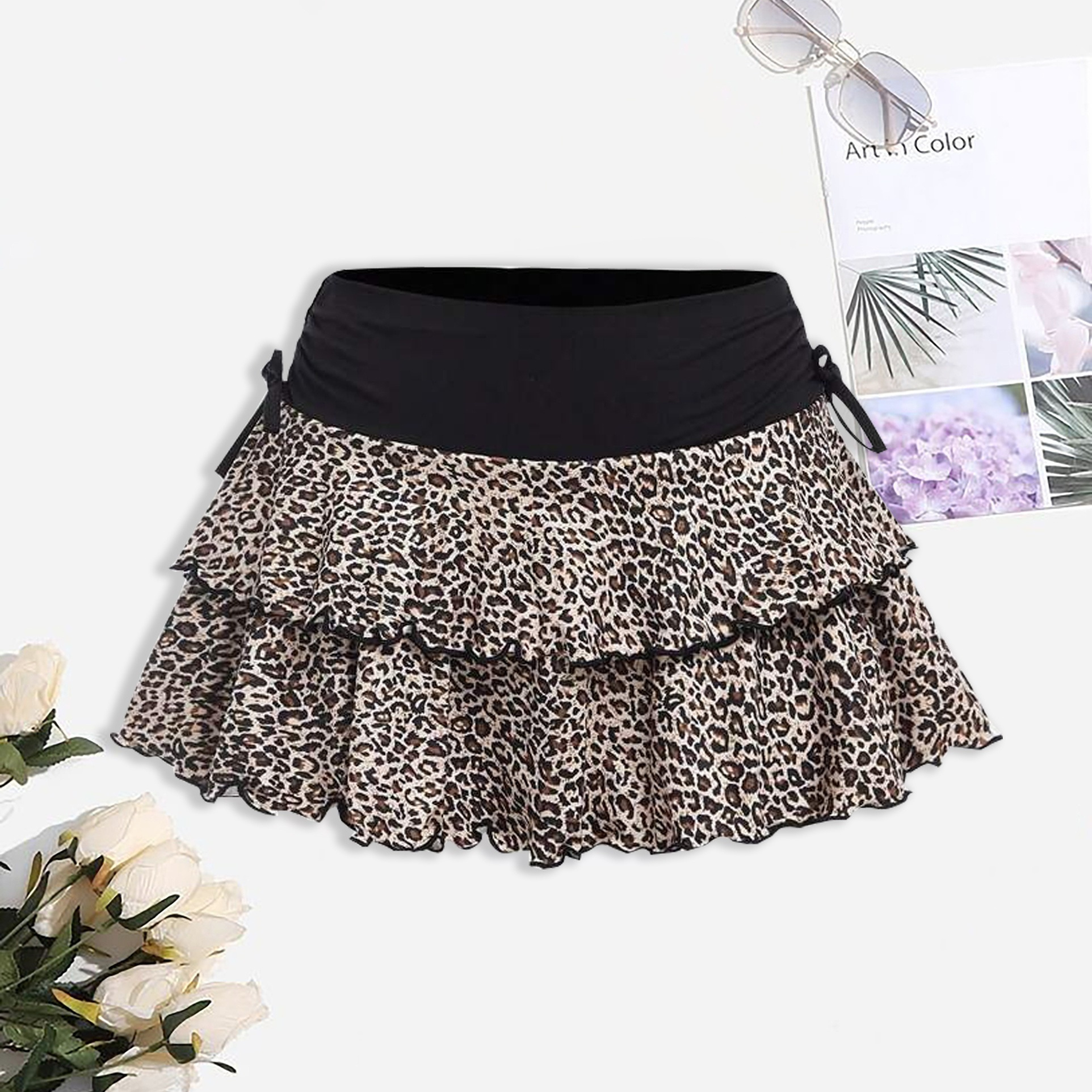 

Chic Women's Leopard Print Ruffle Skirt - Casual & Sexy High-waisted Mini With Trim, Polyester , Spring/summer Fashion