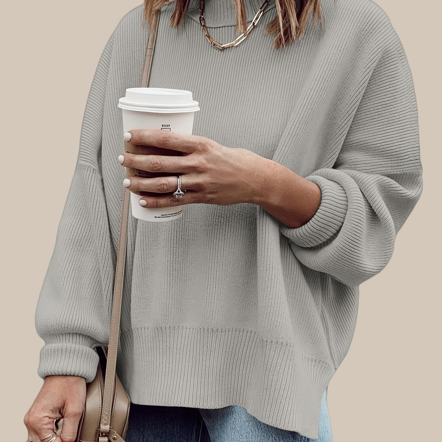 Imily Bela Pull Oversize Femme - Pull Tricot Manches Longues Col Rond Fendu, Ample Doux, Tunique Automne Hiver
