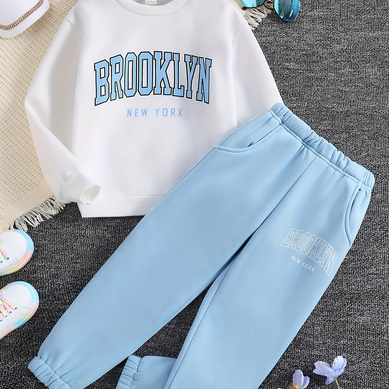 

Girls 2pcs, Brooklyn Print Sweatshirt Top & Jogger Pants With Pocket For Fall Sports Gift Kids Clothes