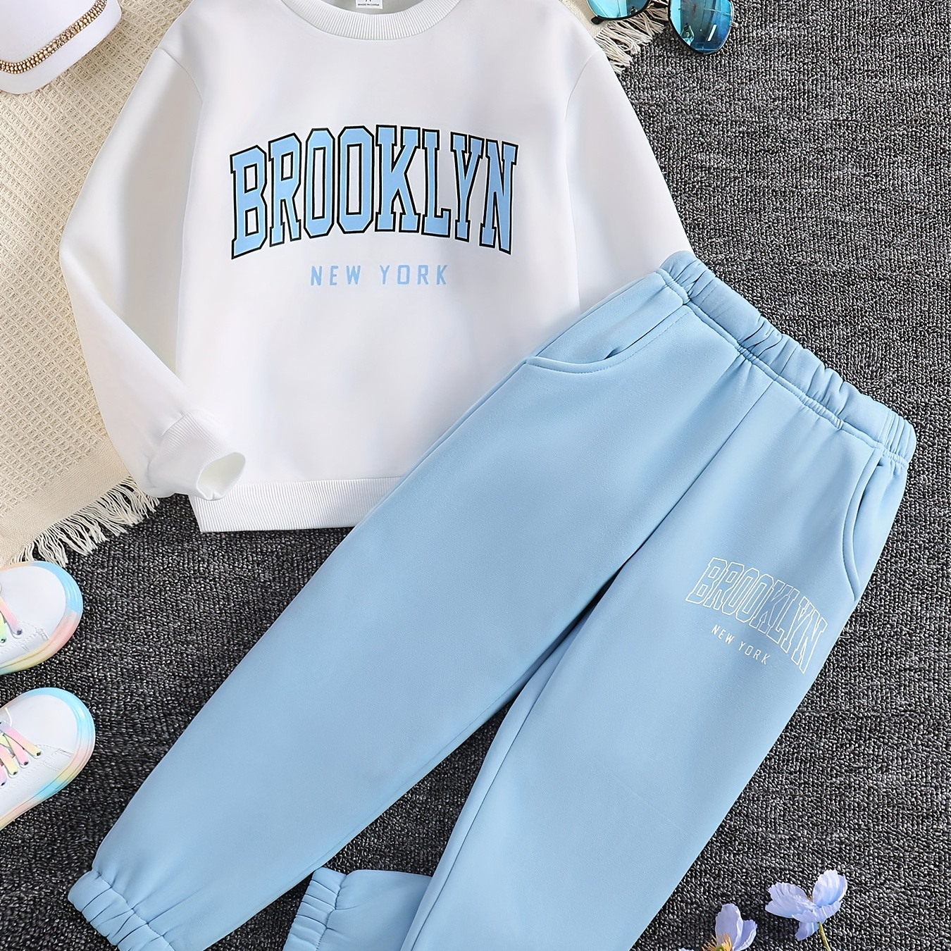 Brooklyn Print Outfits Hoodies + Jogger Pants Set Kids - Temu