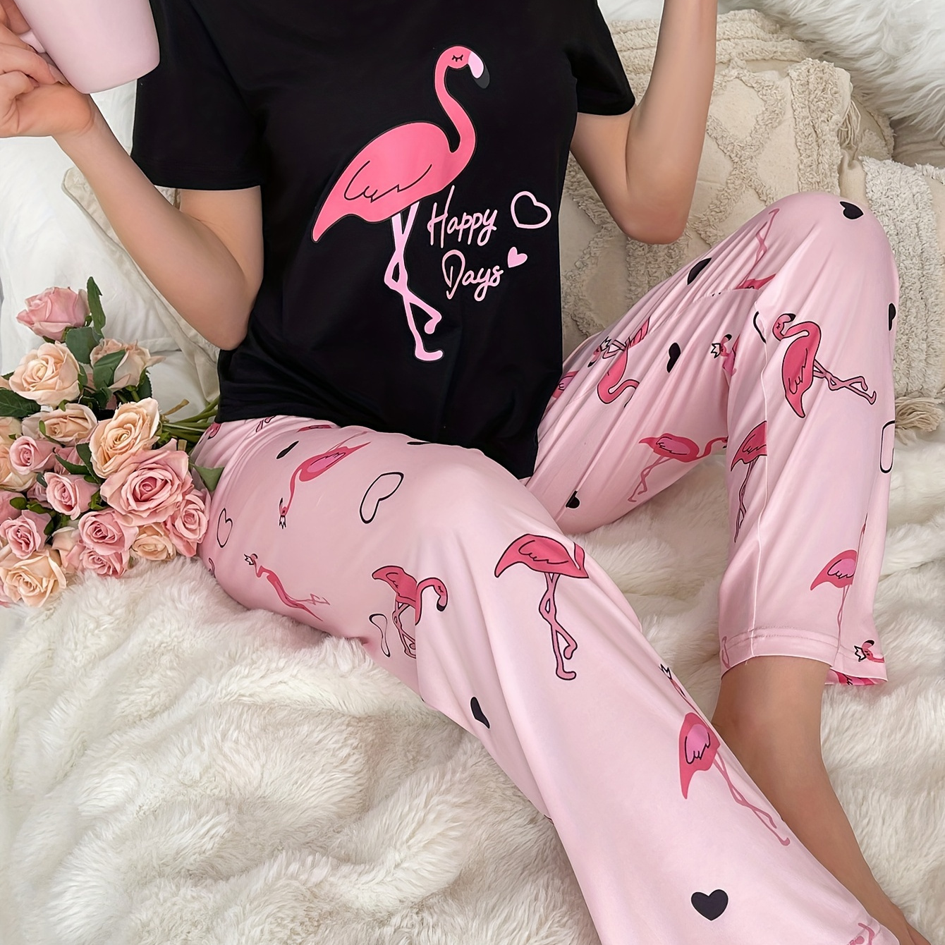 

Casual Flamingo & Heart & Slogan Print Pajama Set, Short Sleeve Crew Neck Top & Elastic Pants, Women's Sleepwear & Loungewear