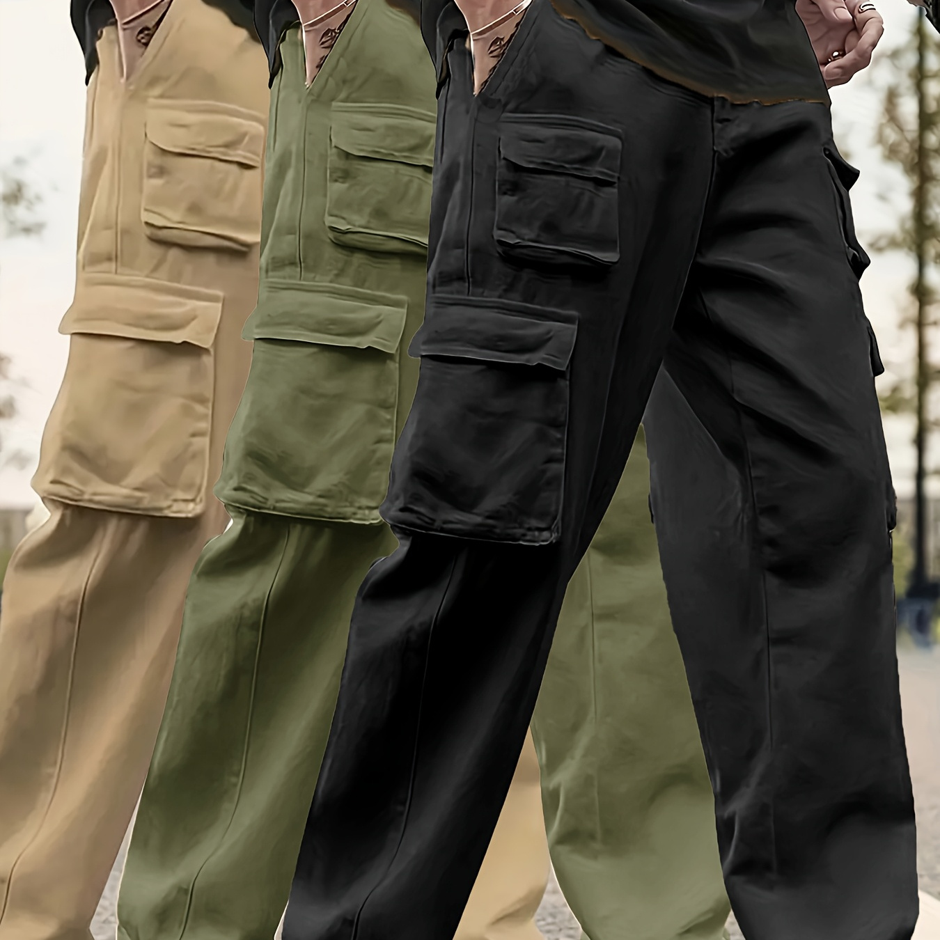 

3pcs Men's Casual Cargo Pants - Breathable, Loose Fit With Multiple Pockets, Versatile & Stylish For Spring/fall