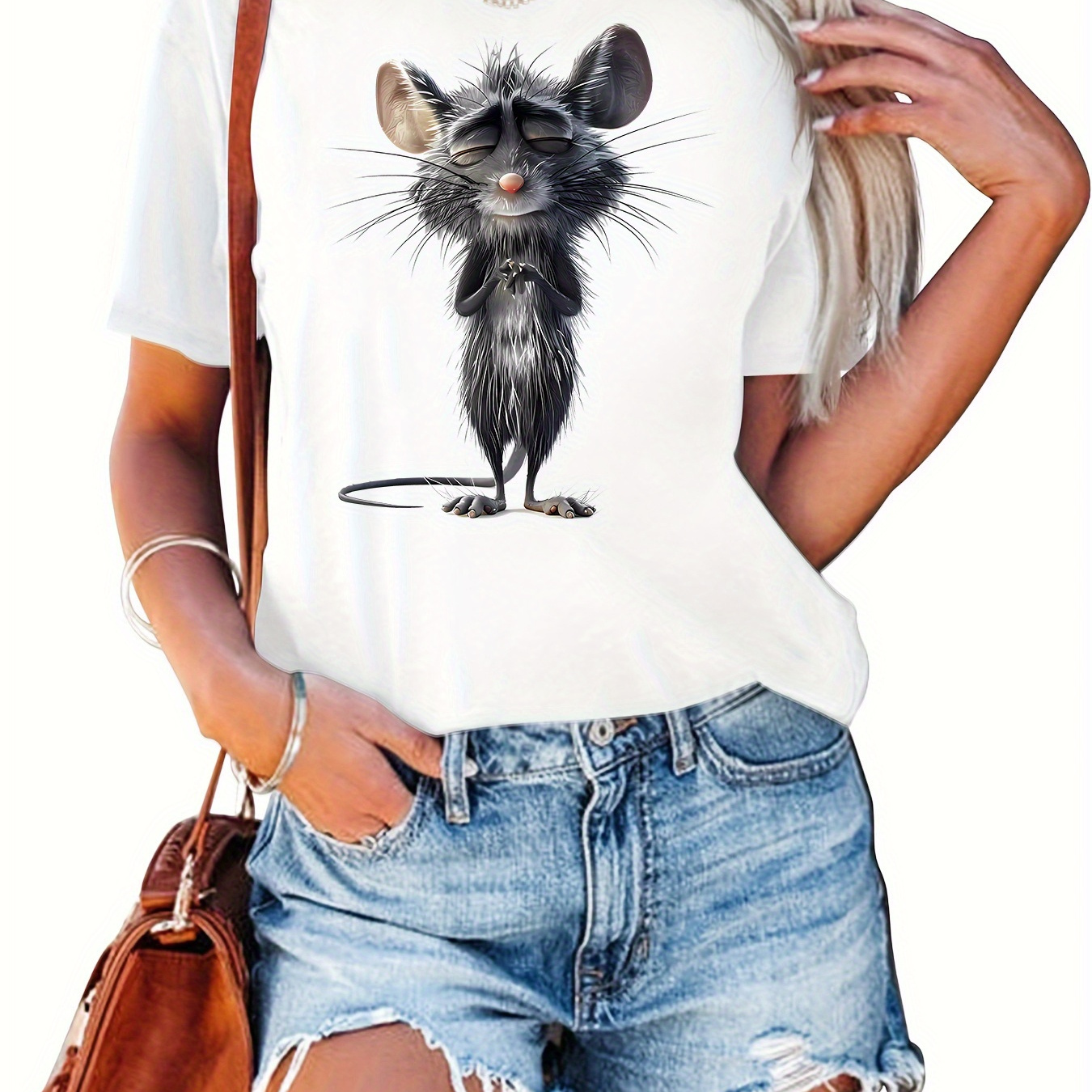 

Mouse Print T-shirt, Short Sleeve Crew Neck Casual Top For Summer & Spring, Women's Clothing