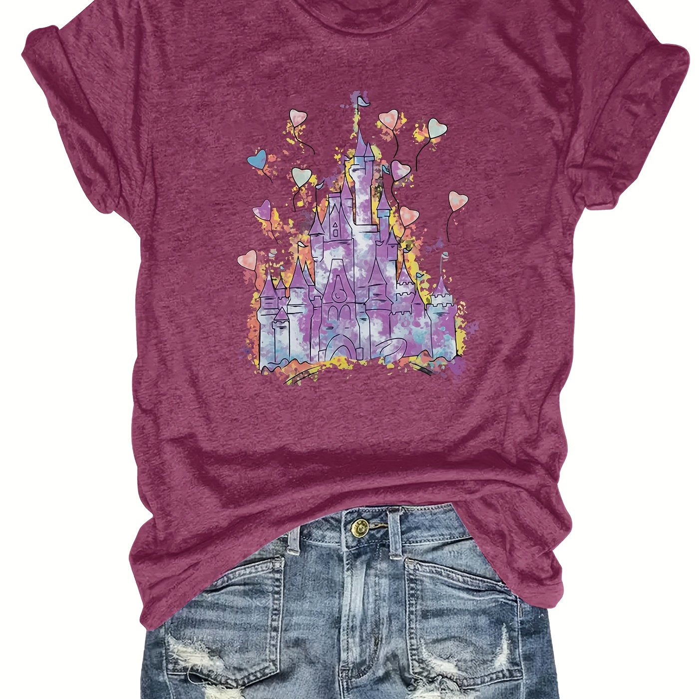 

Castle Print T-shirt, Short Sleeve Crew Neck Casual Top For Summer & Spring, Women's Clothing