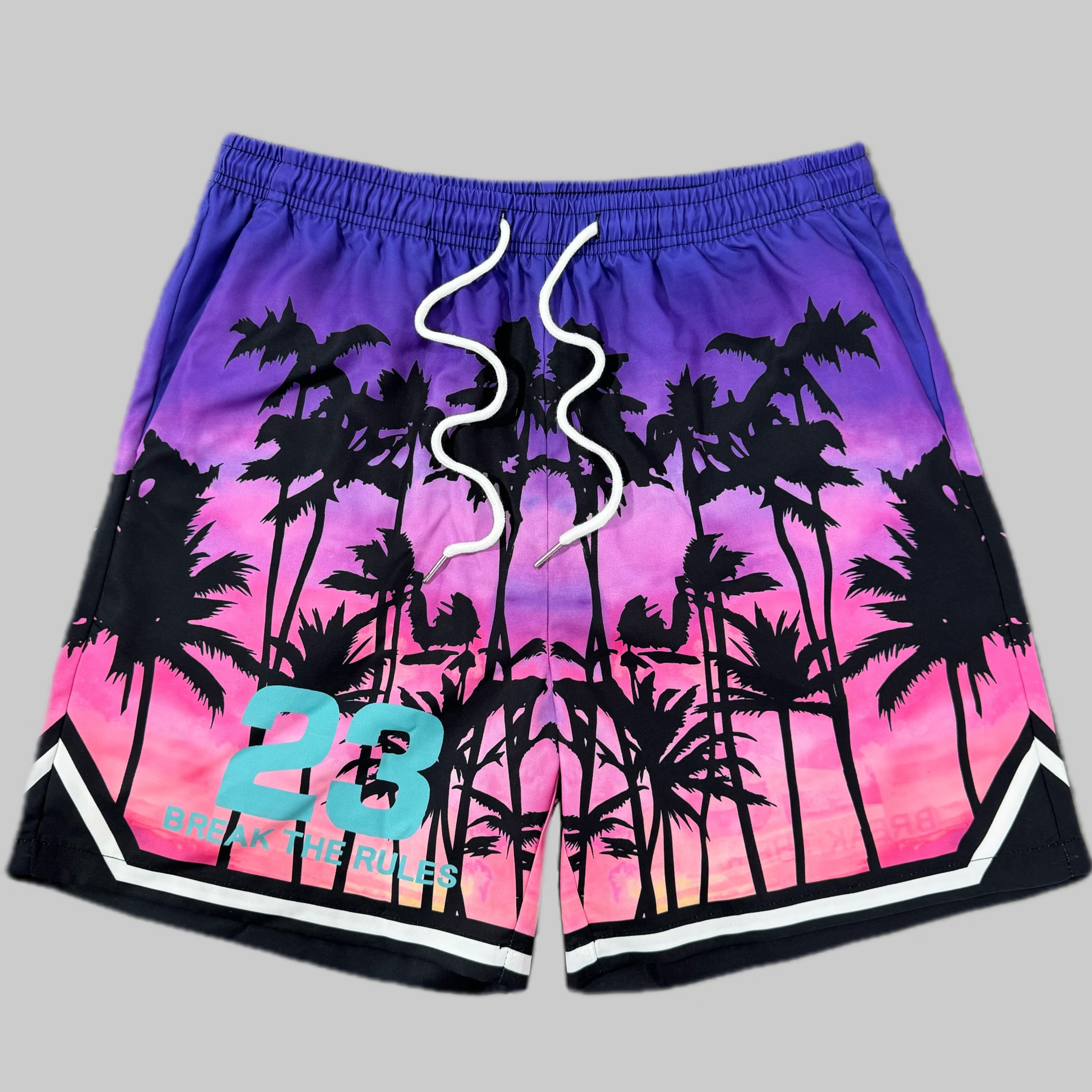 

Men's Coconut Tree Pattern And Letter Print "break The Rules 23" Shorts, Trendy And Chic Shorts With Drawstring And Pockets, Suitable For Summer Beach And Leisurewear