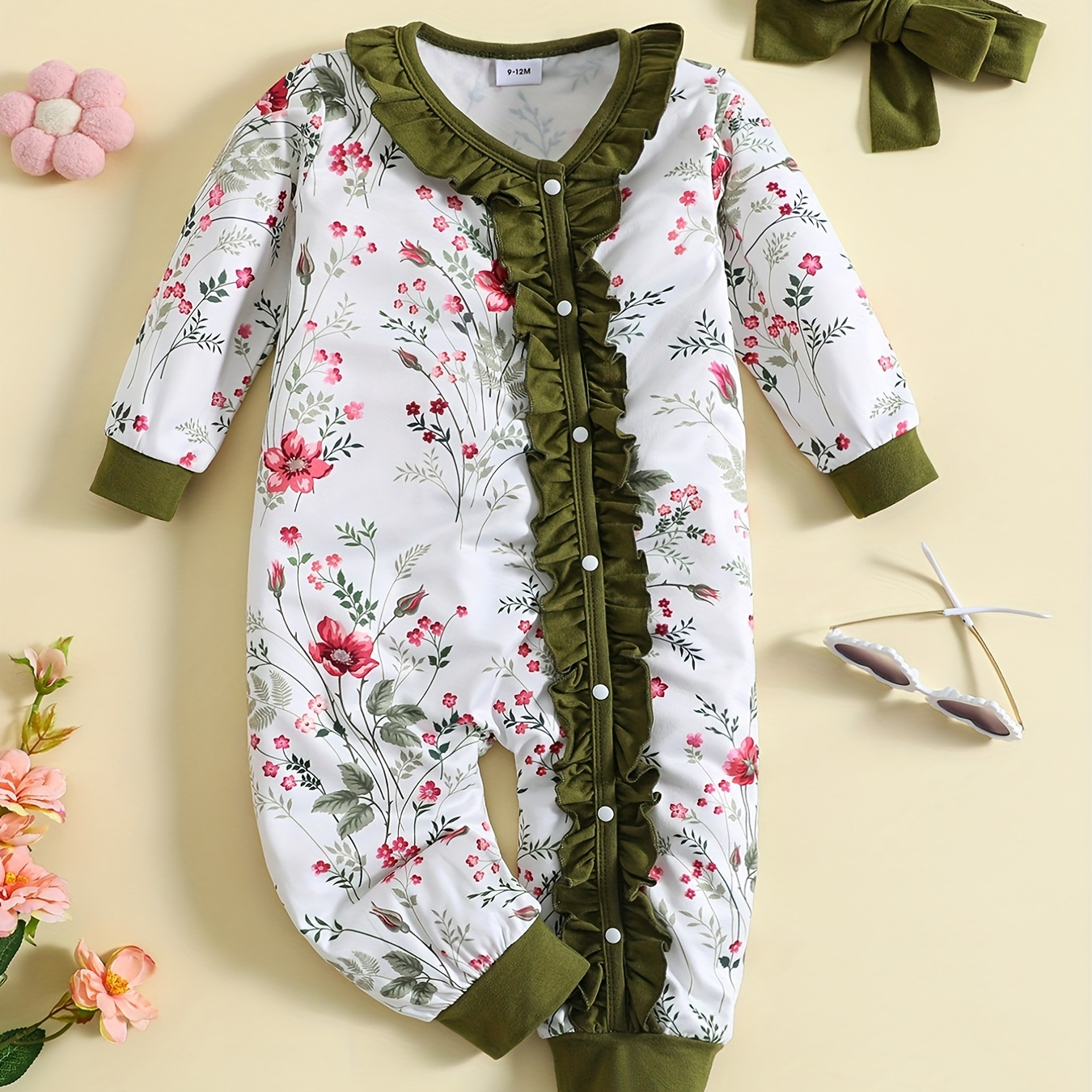 

2pcs Infant Baby Girl Cute Flower Graphic Side Button Long Sleeve One-piece Romper + Headscarf Set, Casual Clothes