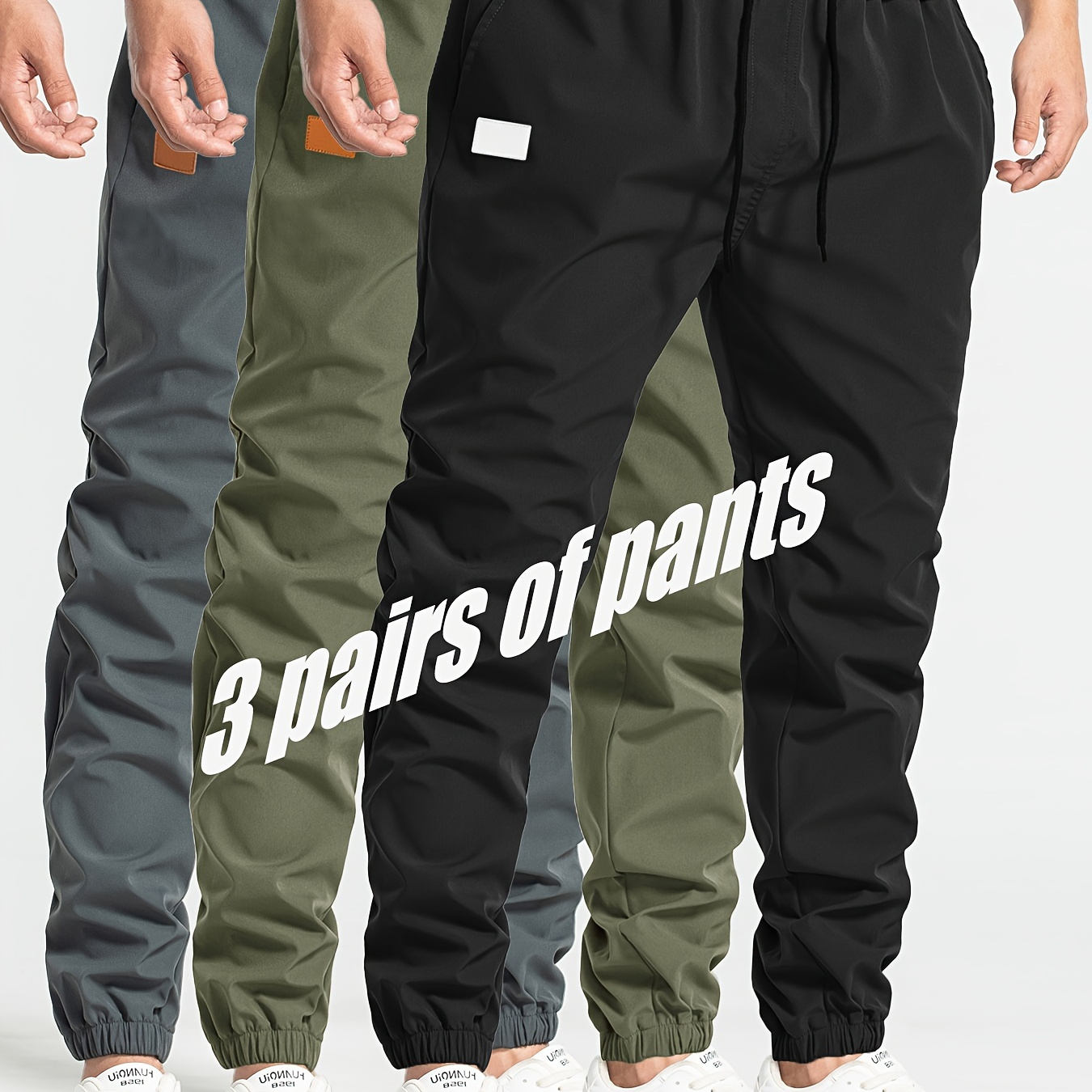 

3pcs Men's Casual Solid Color Joggers, Men's Drawstring Pants With Pockets For Sport And Casual Wear