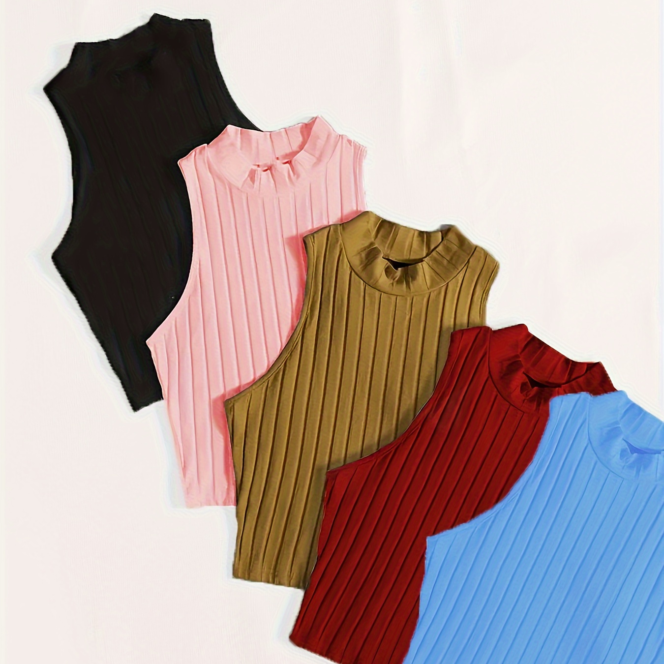 

5pcs Ribbed Plain Color Crew Neck Tank Top, Casual Sleeveless Slim Fit Crop Top For Spring & Summer, Women's Clothing
