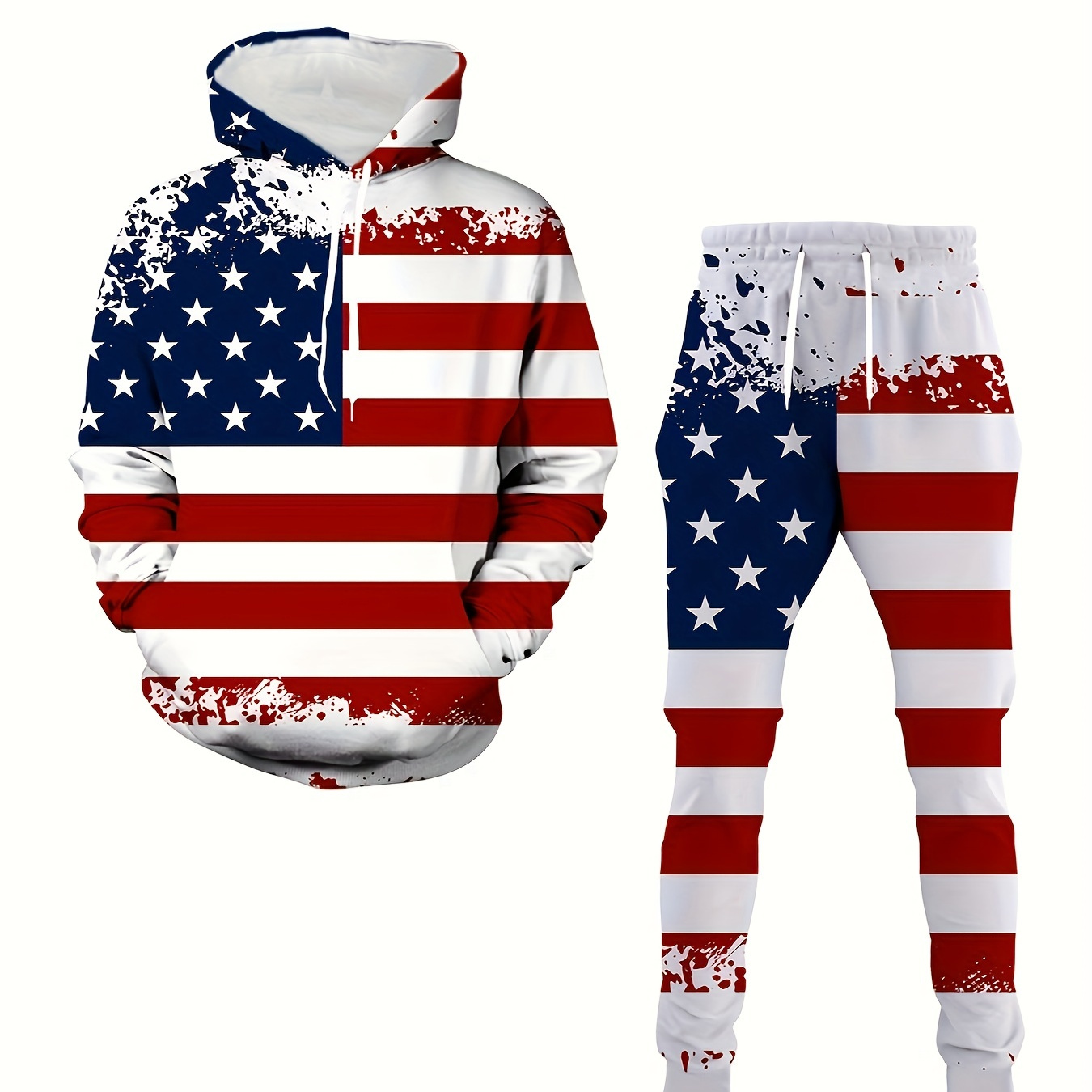 

2pcs Men's Novelty Pajamas Loungewear Set, American Flag Pattern 3d Print Men's Drawstring Long Sleeve Hoodie Sweatshirts & Pants, Men's Trendy Clothes Set