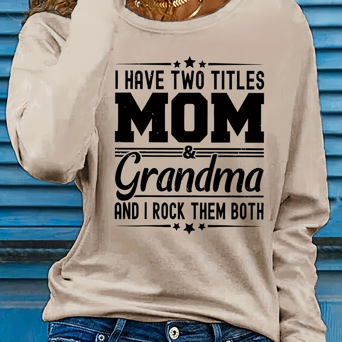 

Women's Long Sleeve Crew Neck T-shirt With "mom & Grandma" Letter Print, Casual Polyester Top For All , Knit Fabric With Medium Stretch, Regular Fit - Applique Detail