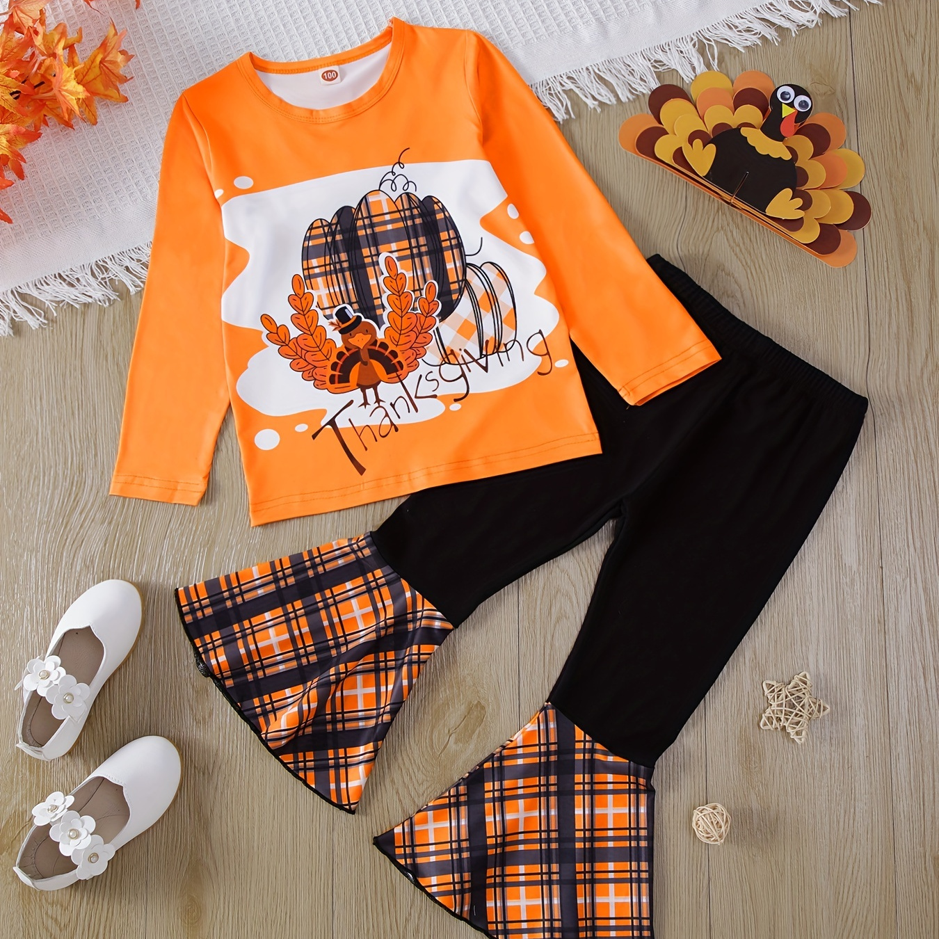

Toddlers Girls 2-piece Set Thanksgiving Element Creative Pumpkin Pattern Long Sleeve Top+flare Trousers Casual Clothes For Spring & Autumn