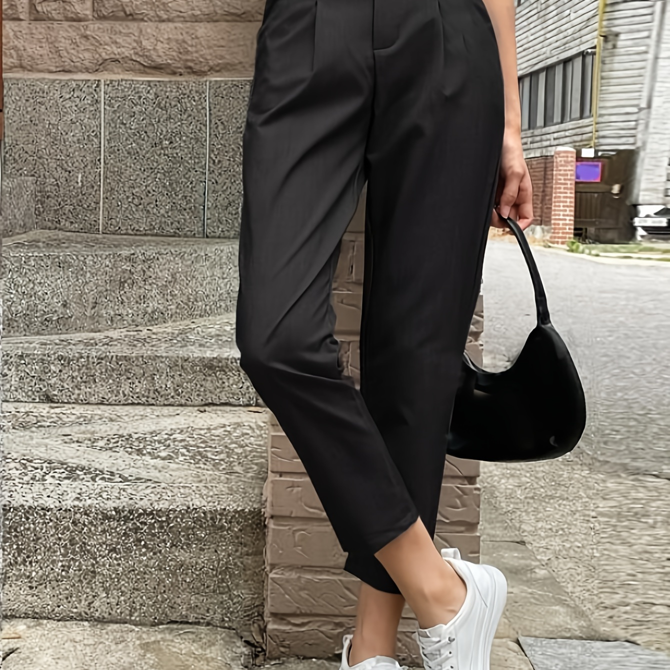 

Solid Color Tapered Cropped Pants, Casual High Waist Suit Pants For Work & Office, Women's Clothing
