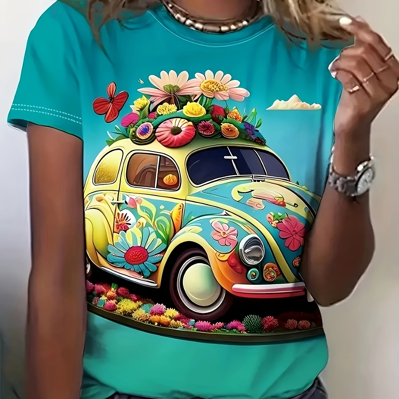 

Car Print Crew Neck T-shirt, Casual Short Sleeve T-shirt For Spring & Summer, Women's Clothing