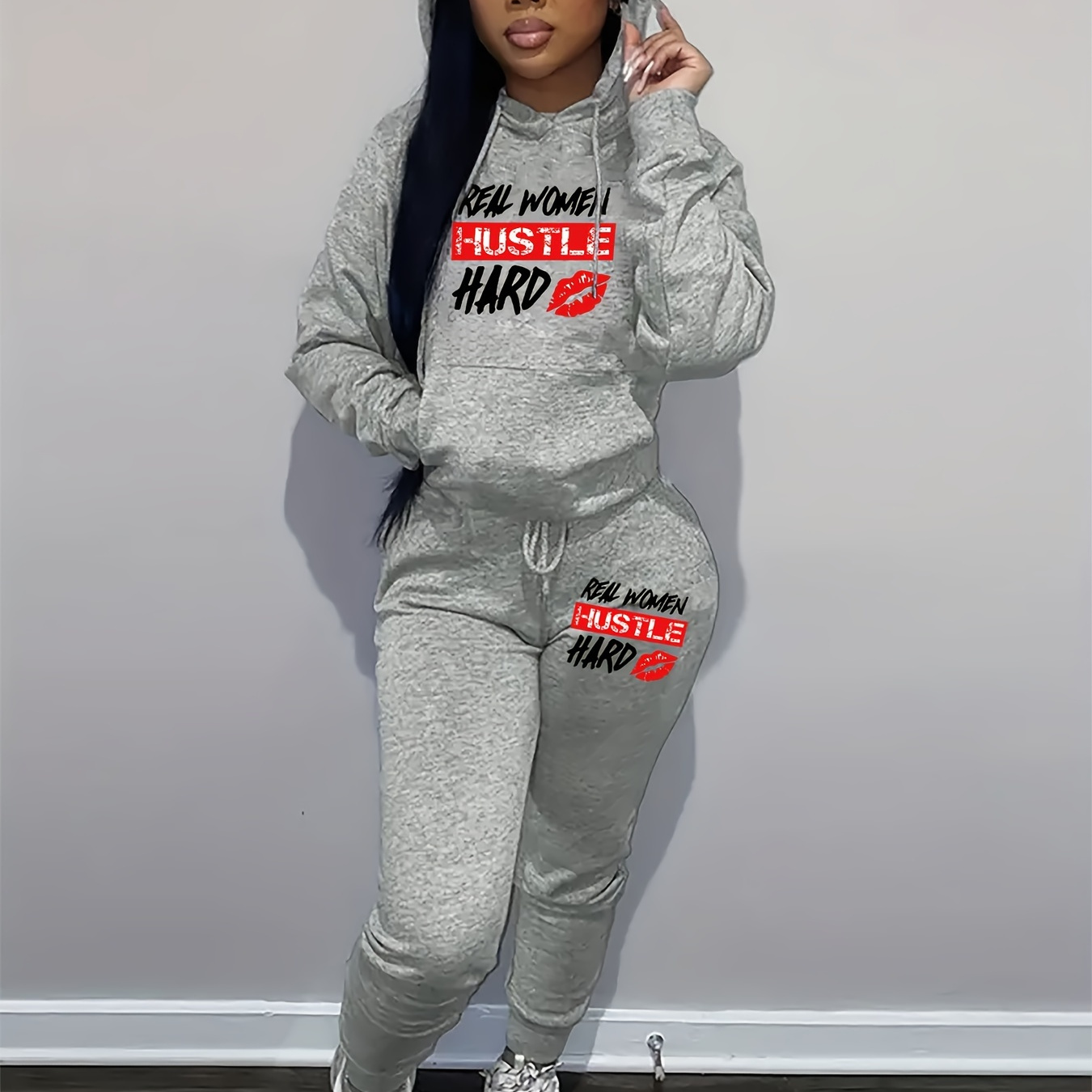 

2 Pcs Hustle Letter Print Hoodie & Sweatpants Set, Long Sleeve Kangaroo Pocket Drawstring Hoodie & Jogger Sweatpants, Women's Clothing