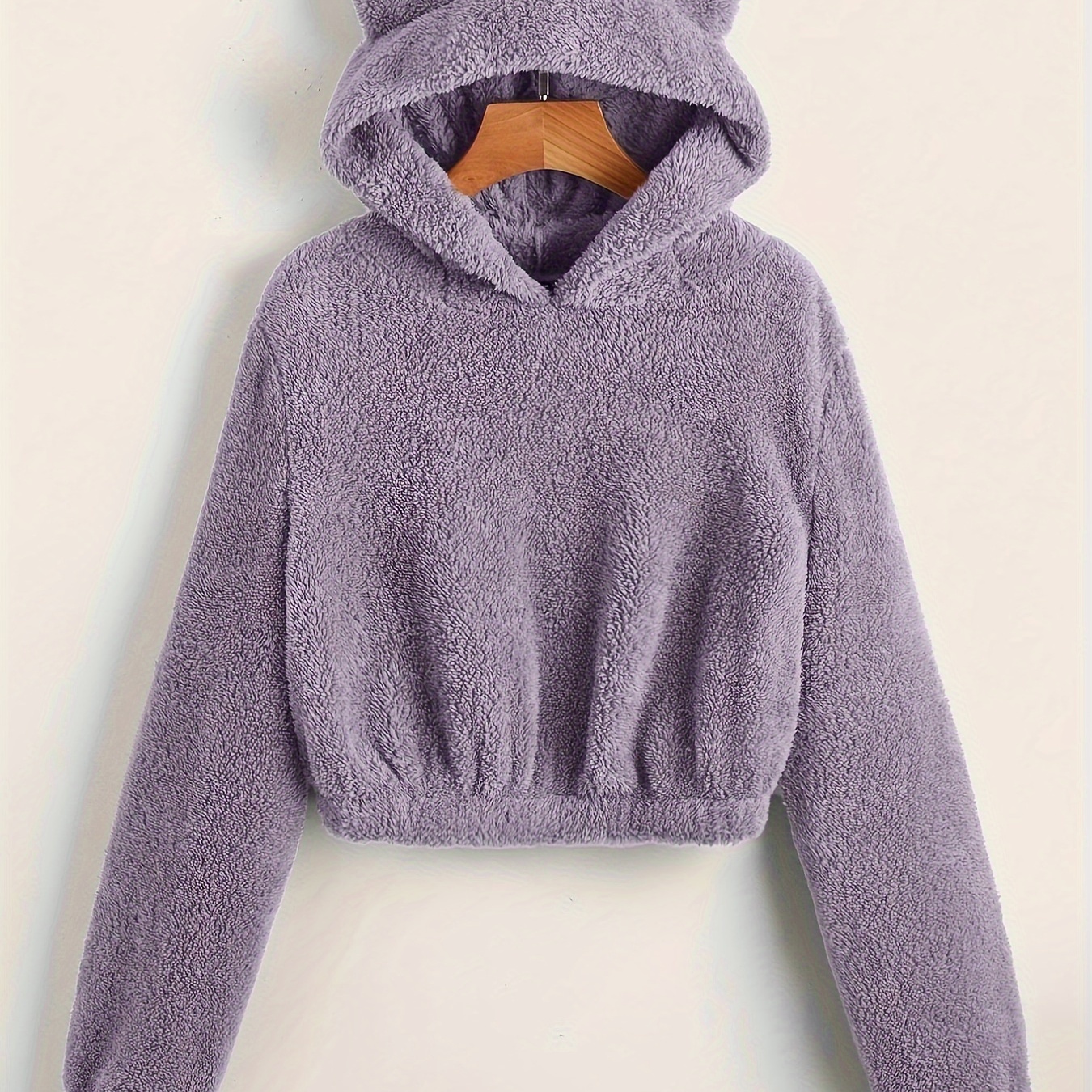 

Solid Crop Fuzzy Hoodie, Cute Long Sleeve Hoodies Sweatshirt, Women's Clothing