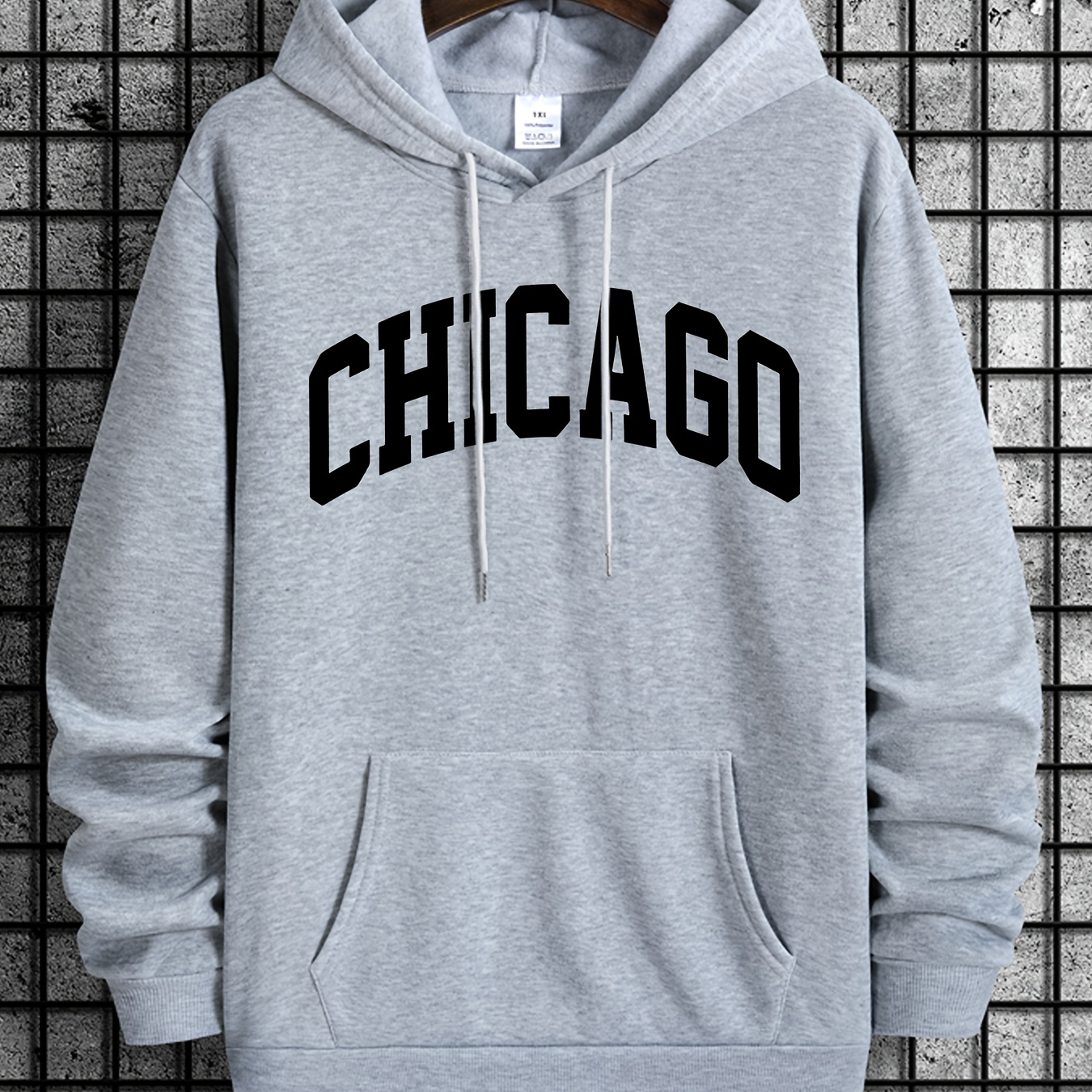 

Plus Size Chicago Print Men's Casual Pullover Hoodie With Drawstring, Soft Polyester Fabric, Regular Fit, Perfect For Autumn And Winter