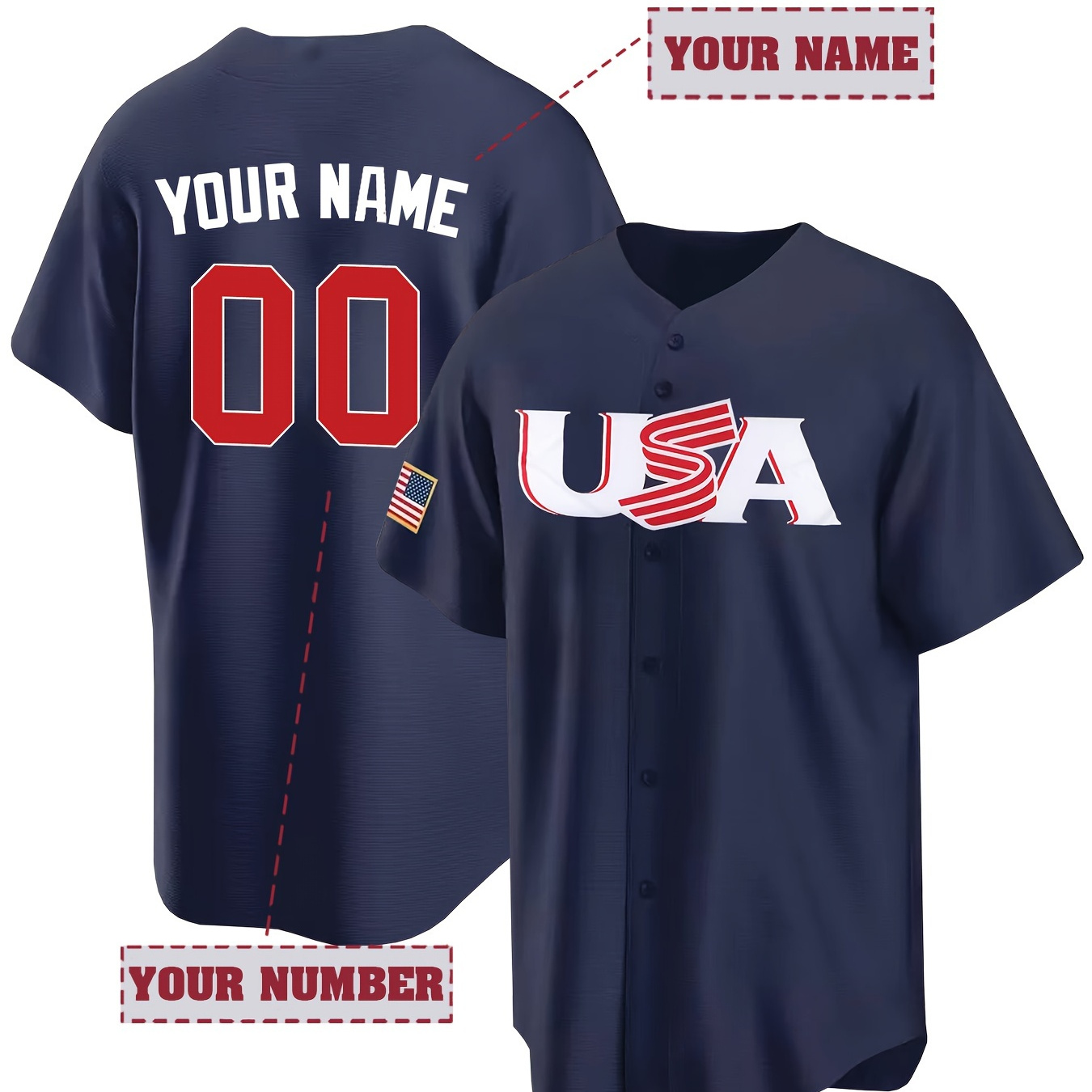 

Customized Name And Number Design, Men's Short Sleeve Loose Breathable V-neck Usa Embroidery Baseball Jersey, Sports Shirt For Team Training