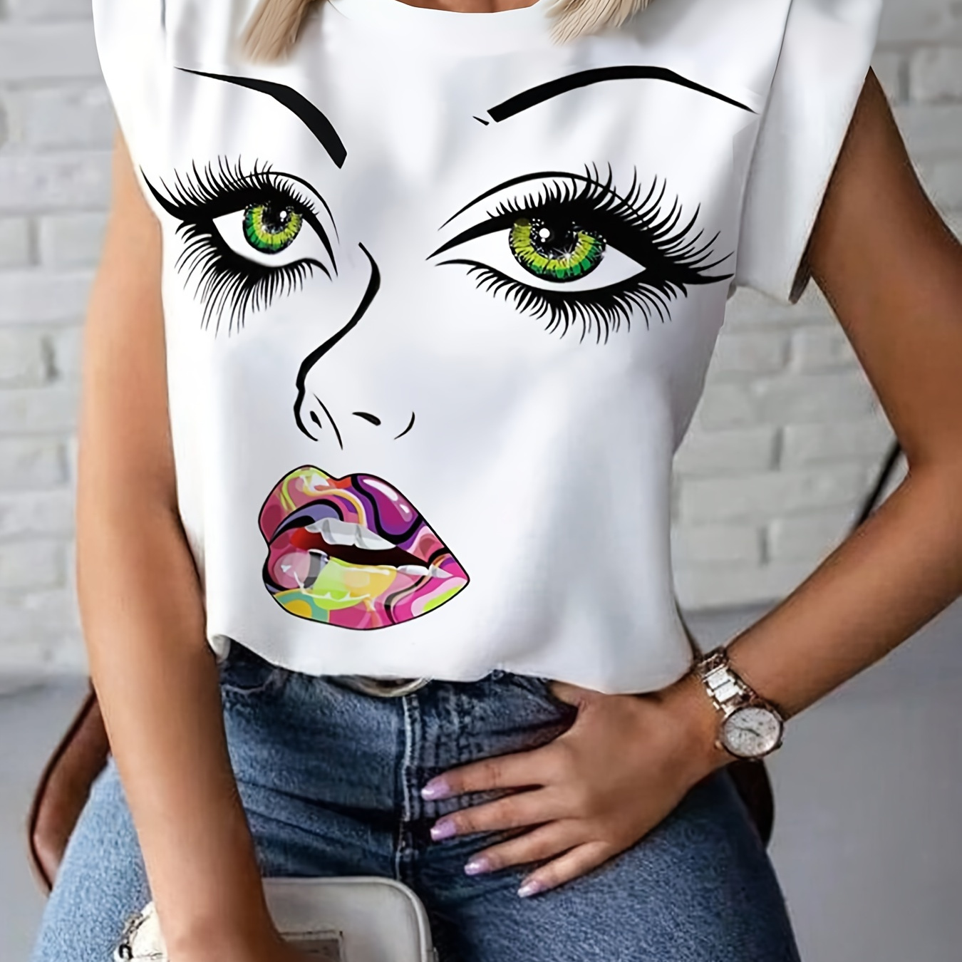 

Women' Lips Eyelashes Print Bat Sleeve Short Sleeve Shirt T-shirt Summer Women's Elegant Office Women's Casual Top Blusa Streetwear