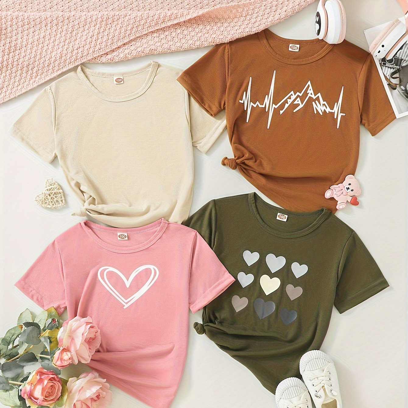 4pcs/set Toddler Girls Heart Graphic T-Shirt Casual Round Neck Tees Top Kids Summer Clothes Gift