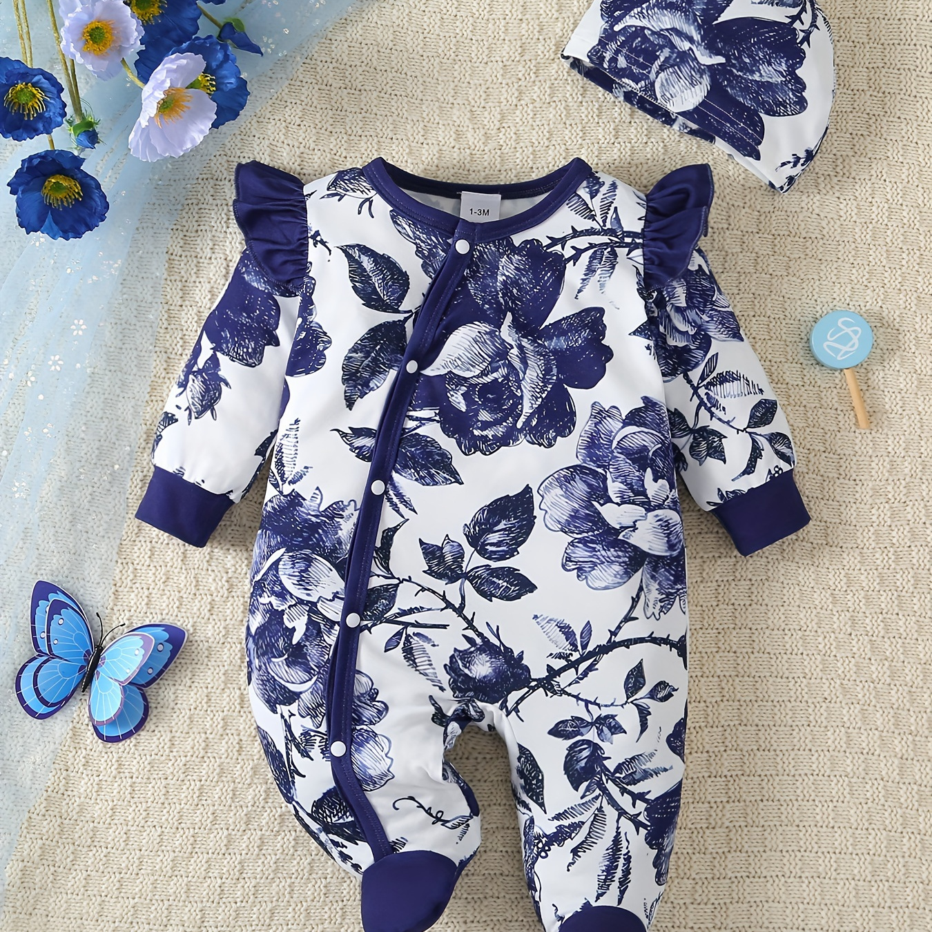 

Newborn Baby's Flower Pattern Long Sleeve Footie & Hat, Toddler & Infant Girl's Comfy Footed Romper For Spring Fall