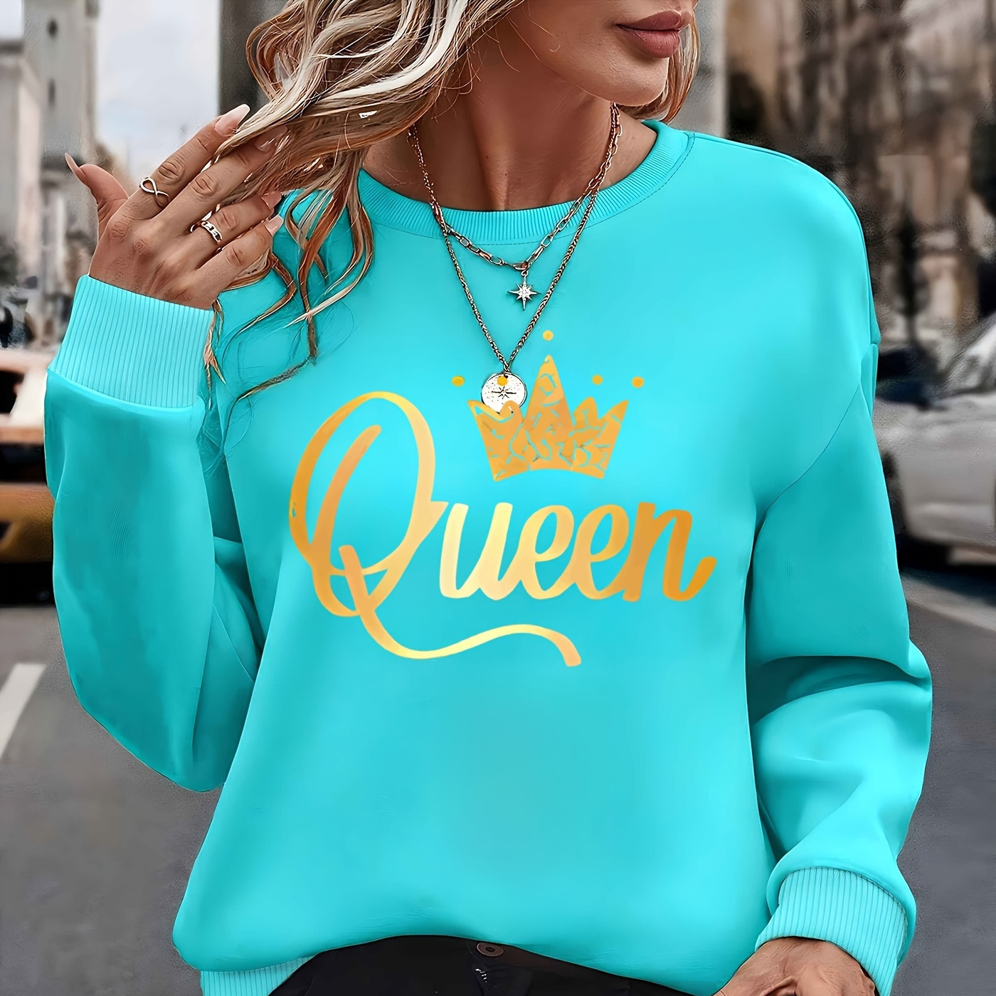 

1pc Élégant Sweat-shirt à manches longues et col rond pour femme avec "Queen" et motif couronne, polyester, pull-over tendance toutes