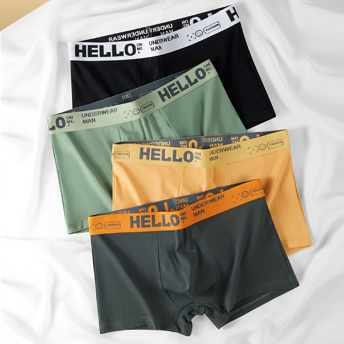 

4pcs Men's Cotton Boxer Briefs, Hello Breathable Comfy Boxer Trunks, Elastic Sports Shorts, Men's Casual & Durable Underwear Perfect For Sports & Home Wear