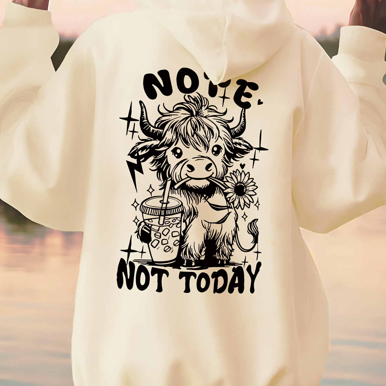 

Sweat à capuche décontracté en polyester pour femme avec imprimé de vache de dessin , sweat à capuche avec slogan "NOPE PAS ", tissu tricoté, à en toute