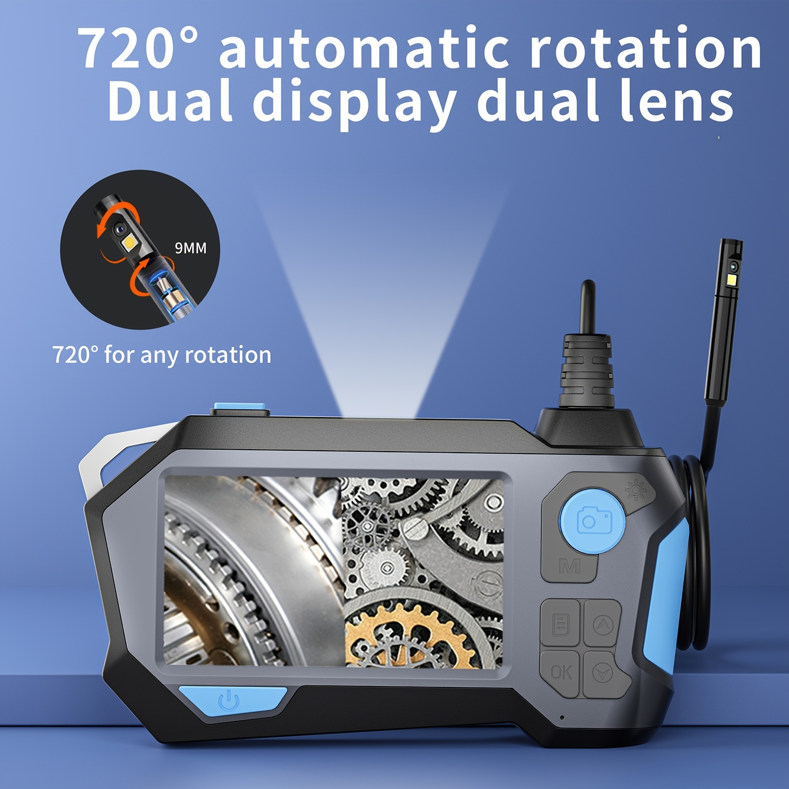 360° Steering Endoscope Camera 360 Degree Auto Rotation Dual Lens 4.3''  Screen Inspection Borescope 9 LEDs 32GB with Tool Case